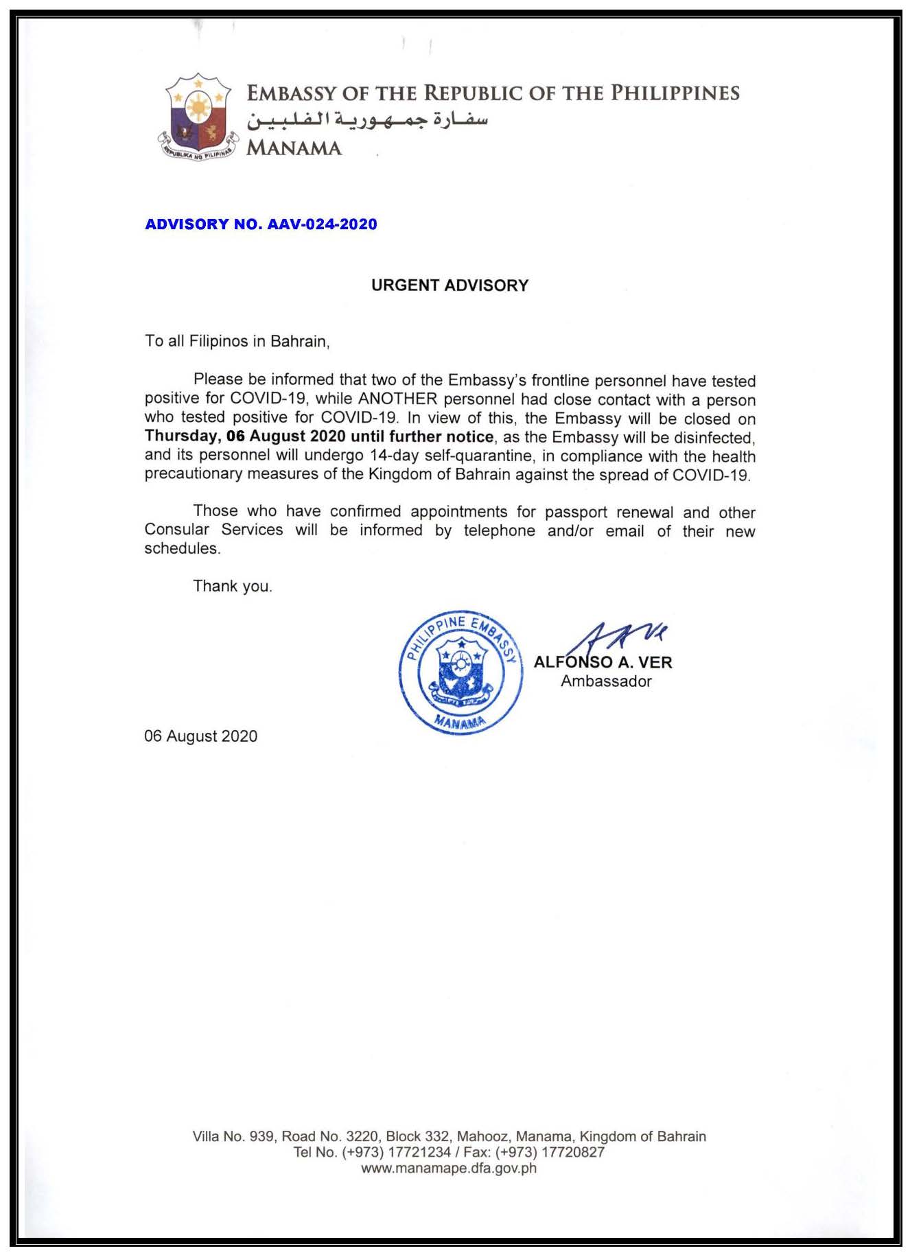 1 ADVISORY AAV 024 2020 The Embassy closed on Thursday 06 August 2020 until further notice. Page 1