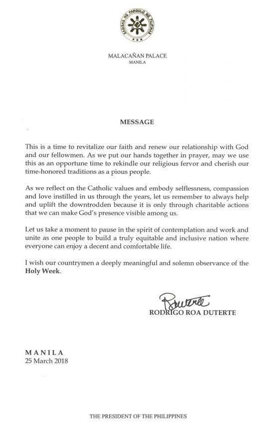 1Holy Week Message of President Rodrigo Roa Duterte Page 1