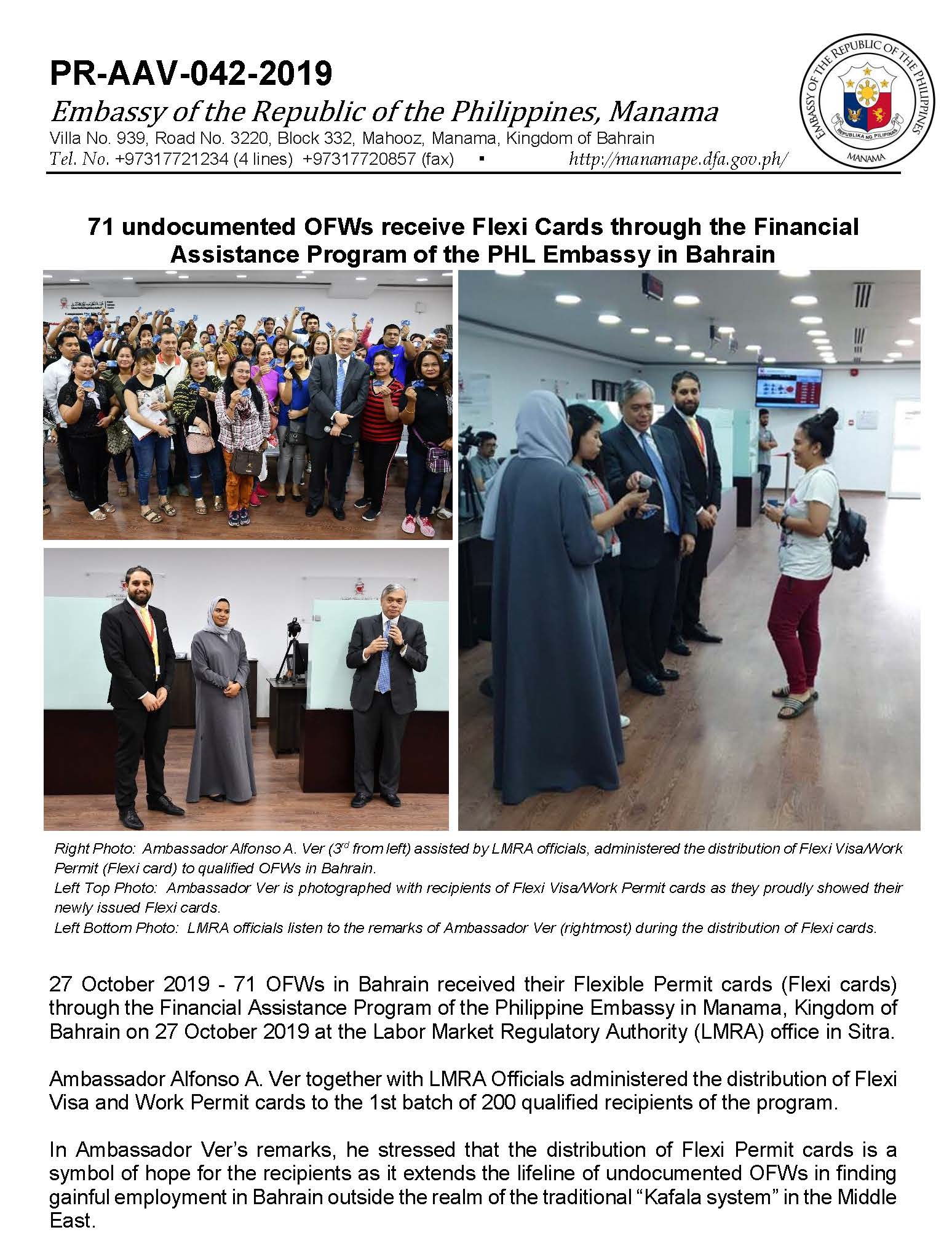1 PR AAV 042 2019 71 Undocumented OFWs receive Flexi Cards through the financial Assistance Program of the Phil. Embassy in Bahrain Page 1