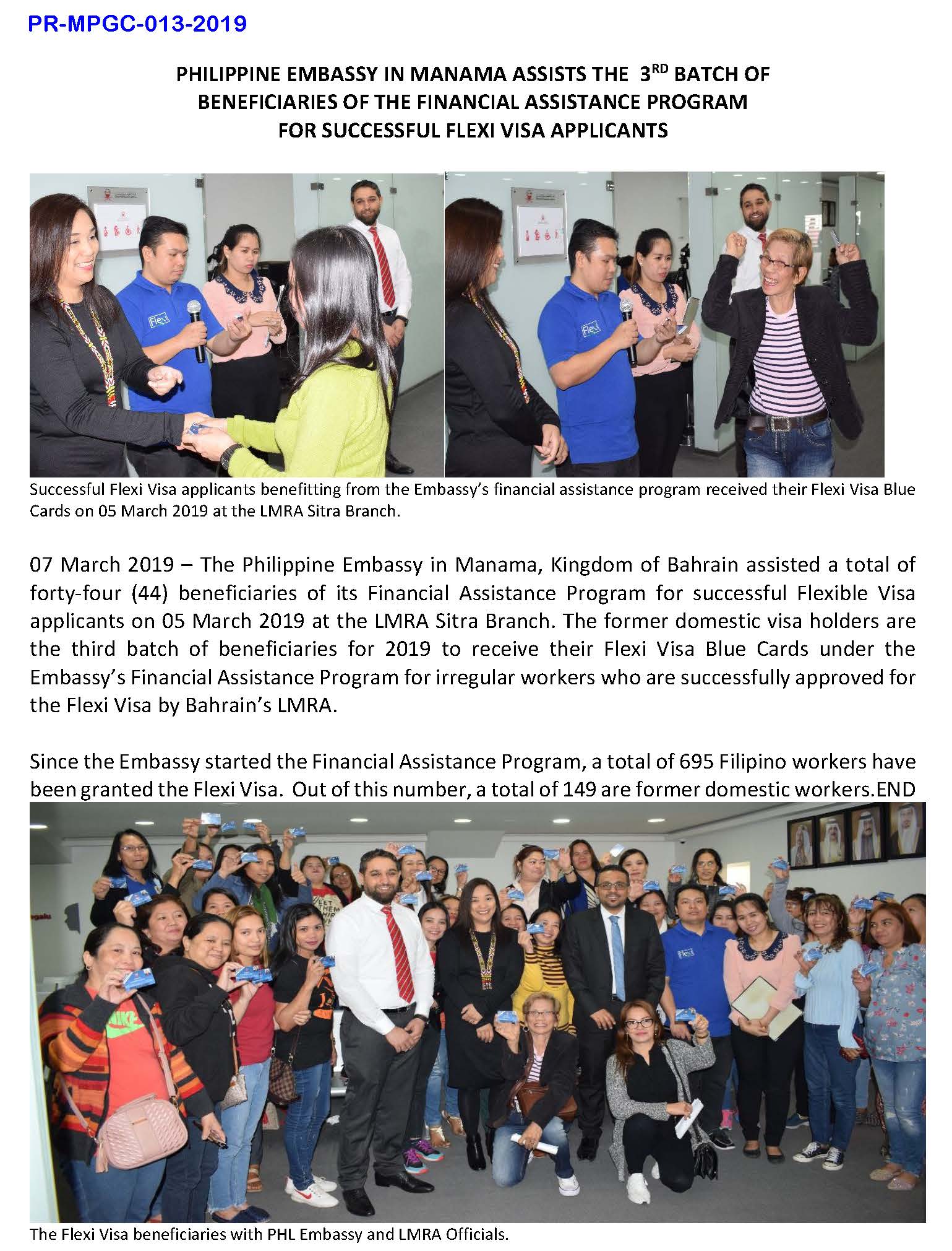 1 PR MPGC 013 2019 PHILIPPINE EMBASSY IN MANAMA ASSISTS THE 3RD BATCH OF BENEFICIARIES OF THE FINANCIAL ASSISTANCE PROGRAM