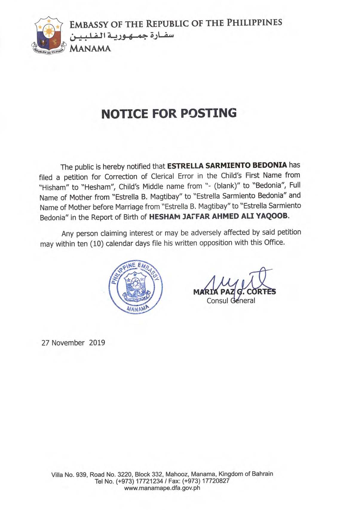 Notice of Posting Estrela Sarmiento Bedonia