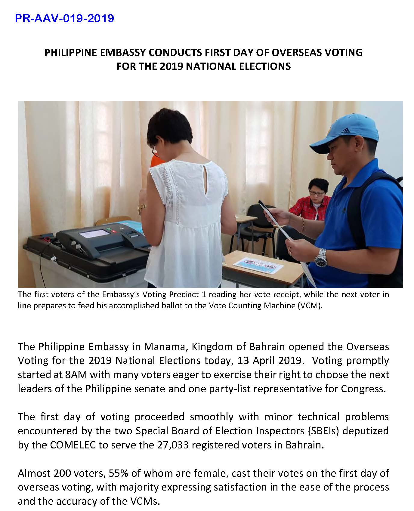 PR AAV 019 2019 PHILIPPINE EMBASSY CONDUCTS FIRST DAY OF OVERSEAS VOTING FOR THE 2019 NATIONAL ELECTIONS Page 1