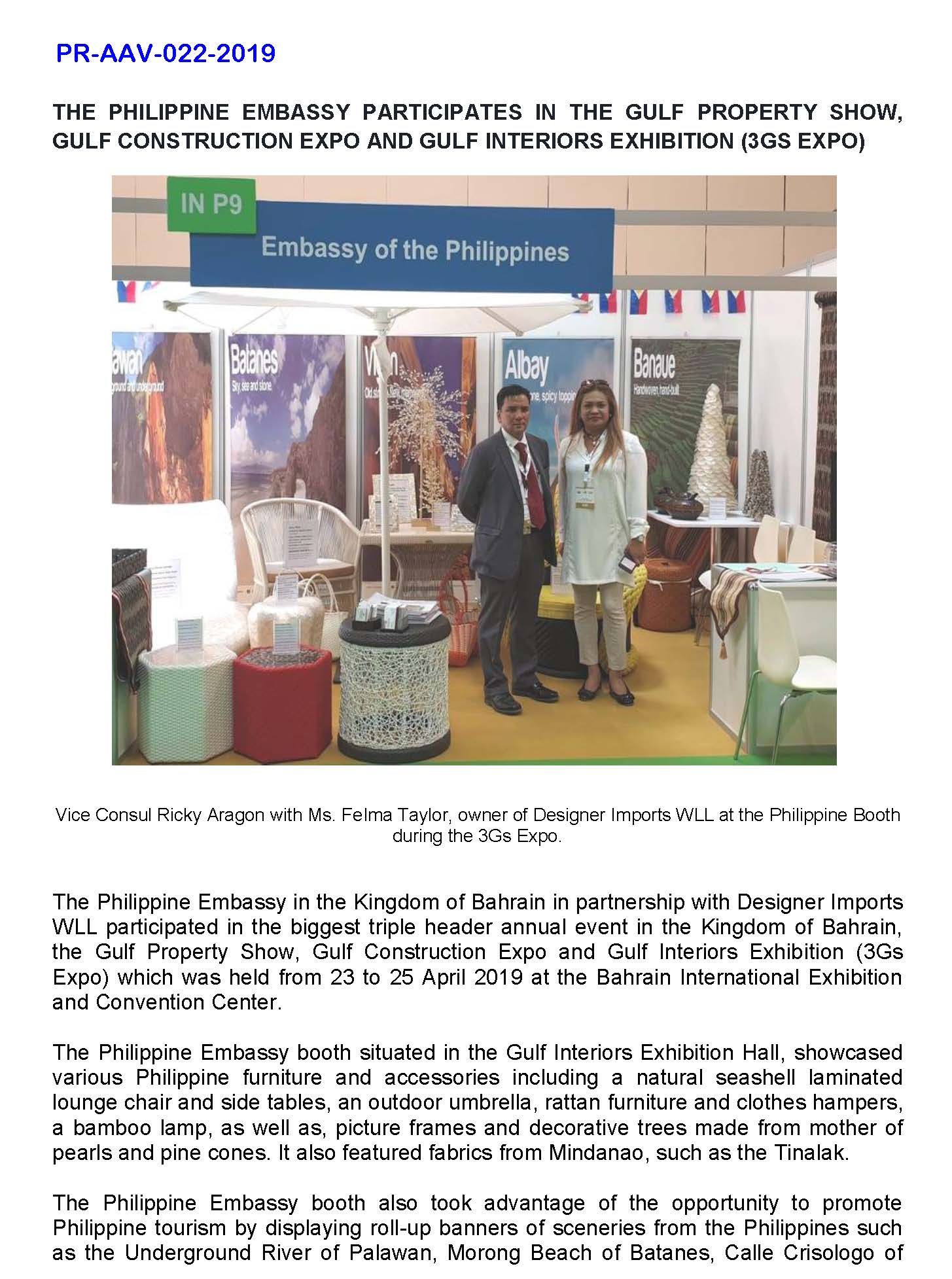 PR AAV 022 2019 Philippine Embassy Participates in the Gulf Property Show Gulf Construction Expo and Gulf Interior Exhibition 3GS EXPO Page 1