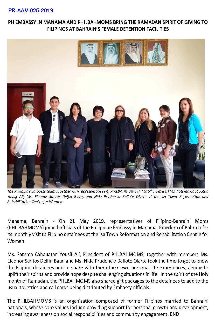 PR AAV 025 2019 PH Embassy in Manama and PHILBAHMOMS brings the Ramadan Spirit of Giving to Filipino at Bahrains Female Detention Facilities