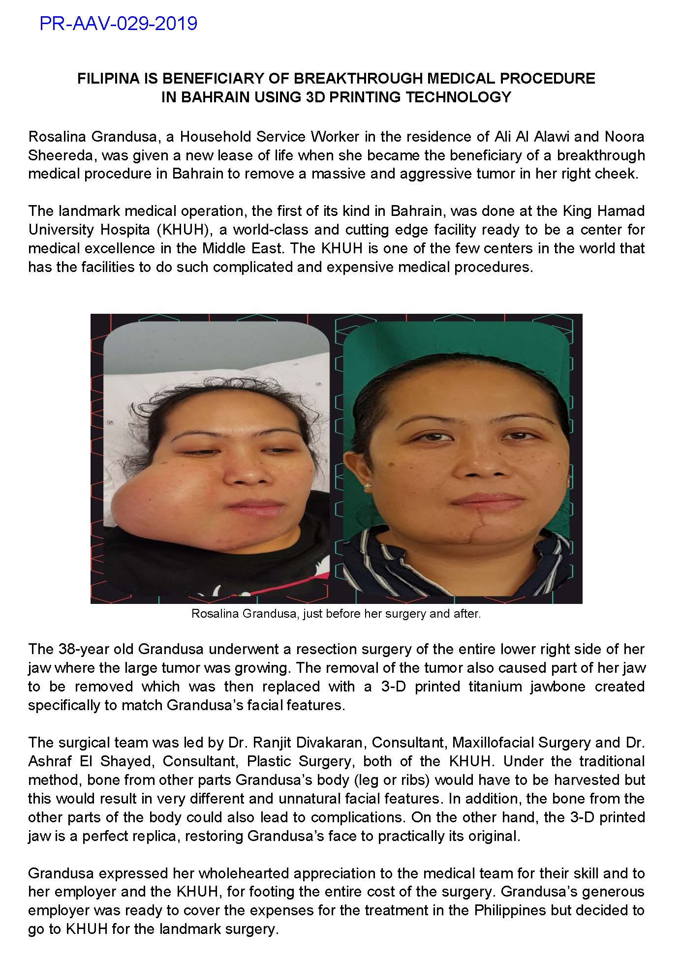 PR AAV 029 2019 PRESS RELEASE FILIPINA IS BENEFICIARY OF LANDMARK SURGERY IN BAHRAIN Page 1