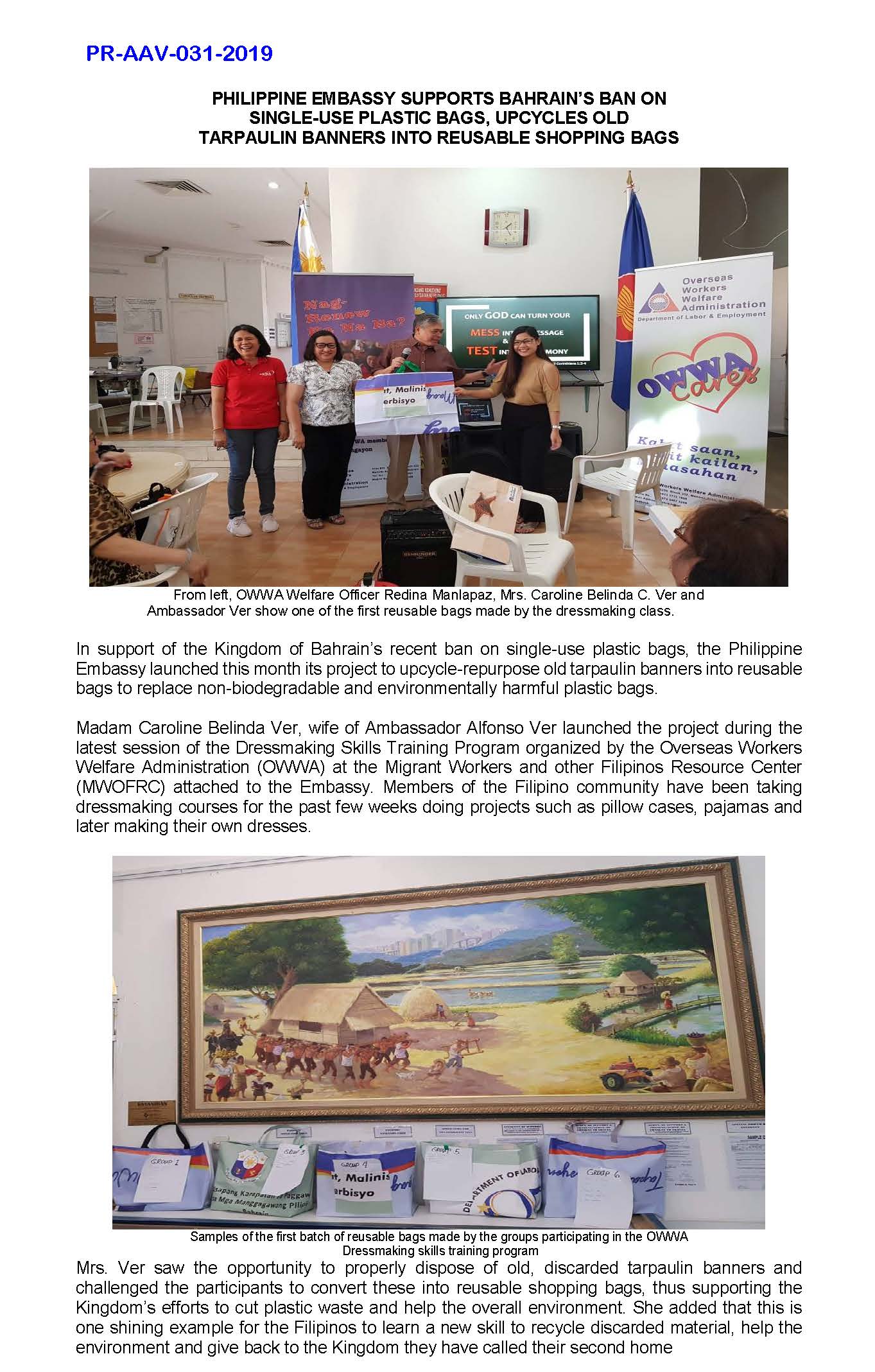 PR AAV 031 2019 EMBASSY LAUNCHES PROJECT TO CONVERT OLD TARPAULIN BANNERS INTO REUSABLE BAGS Page 1