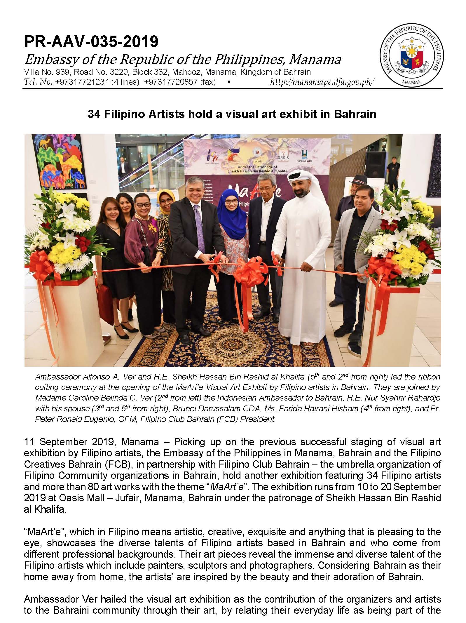 PR AAV 035 2019 Maarte Exhibitionan Filipino Visual Art Exhibit in Bahrain Page 1