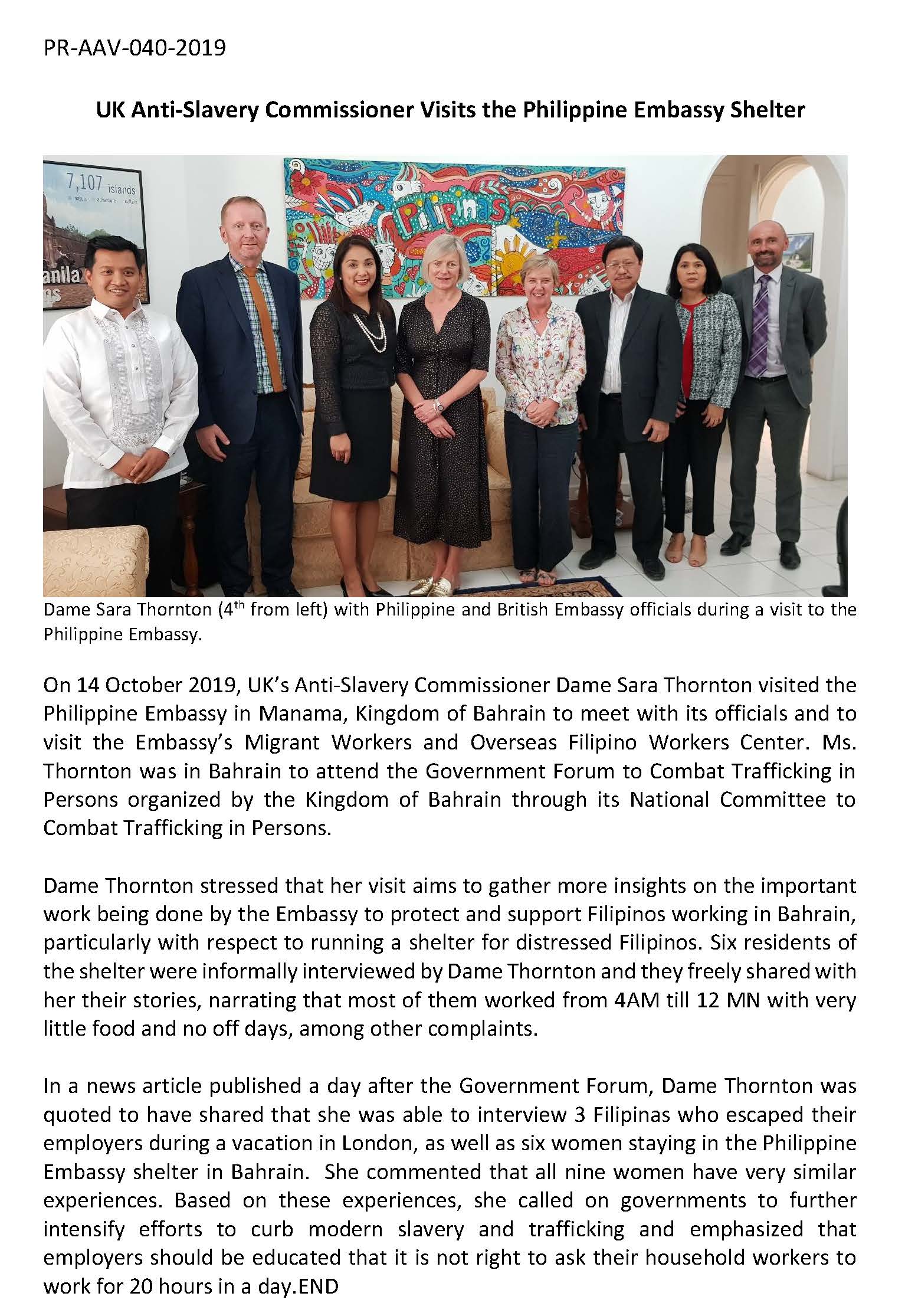 PR AAV 040 2019 UK Anti Slavery Commissioner Visits the Philippine Embassy Shelter