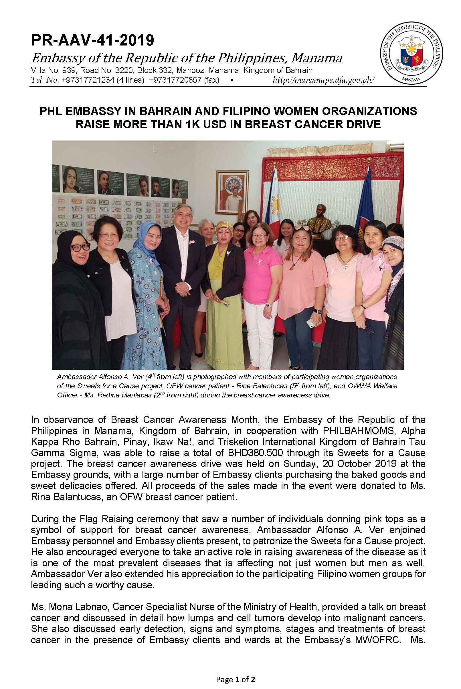 PR AAV 041 2019 Phil Embassy in Bahrain Women Org Raise more the 1K USD in Breast Cancer Drive Page 1