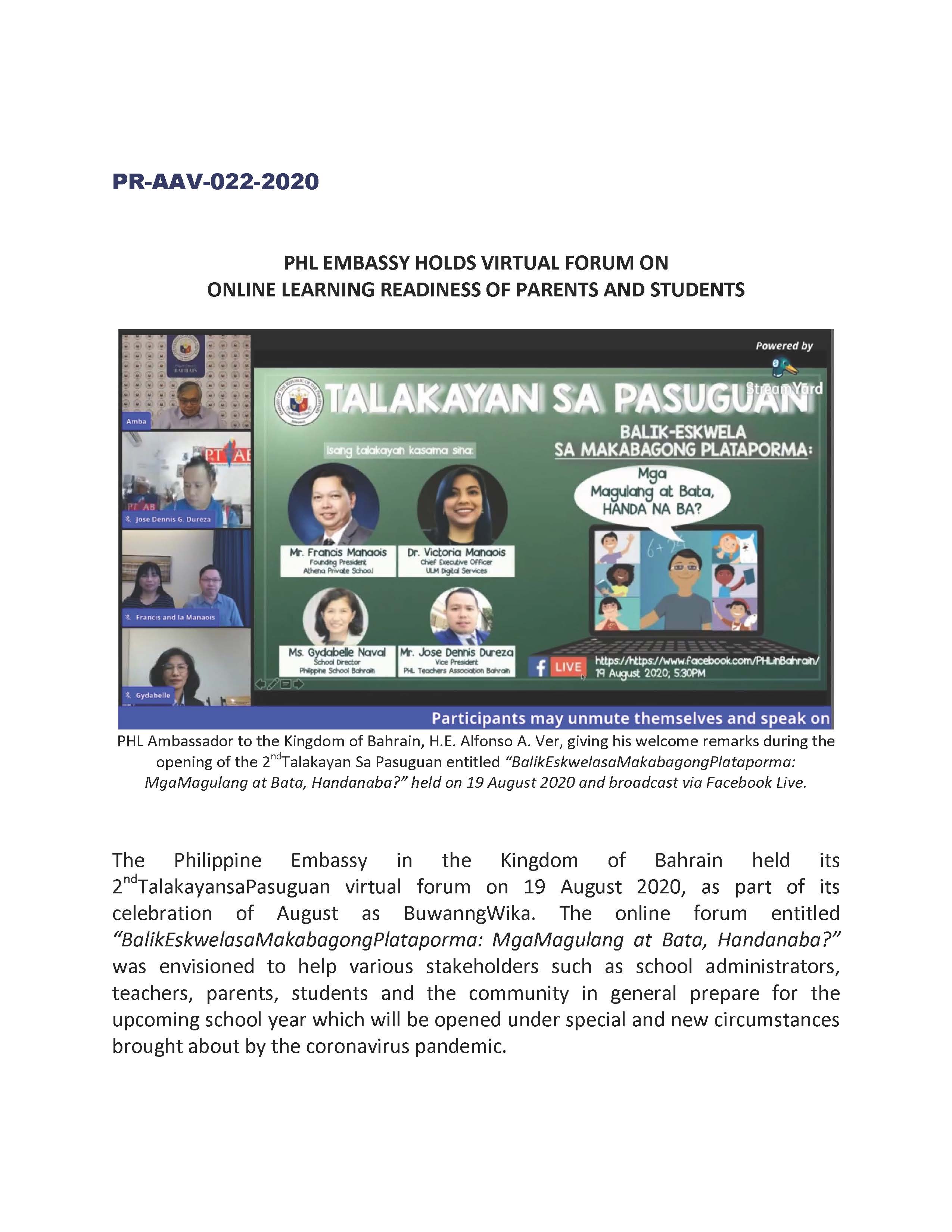 1 PR AAV 022 2020 PHL EMBASSY HOLDS VIRTUAL FORUM ON ONLINE LEARNING READINESS OF PARENTS AND STUDENTS Page 1