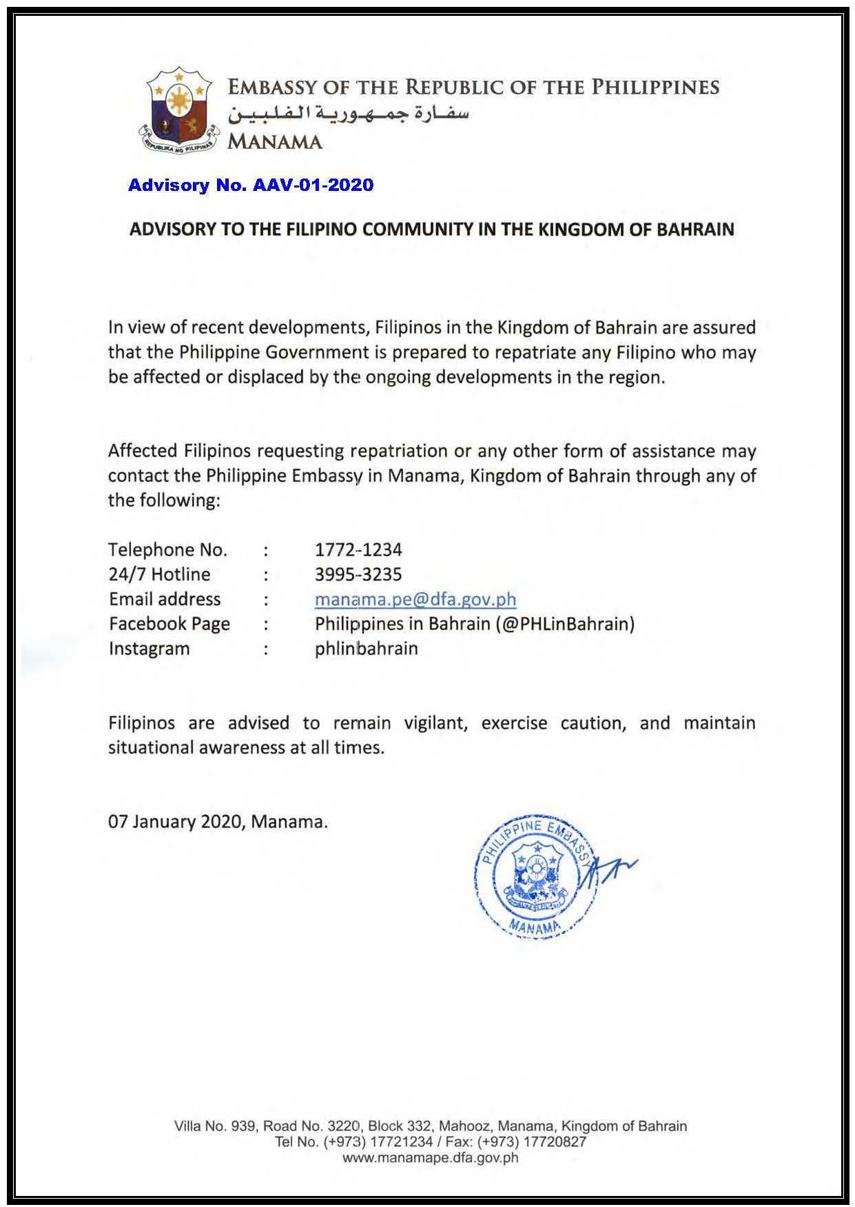Advisory No. AAV 01 2020 Advisory to the Filipino Community in the Kingdom of Bahrain. Page 1