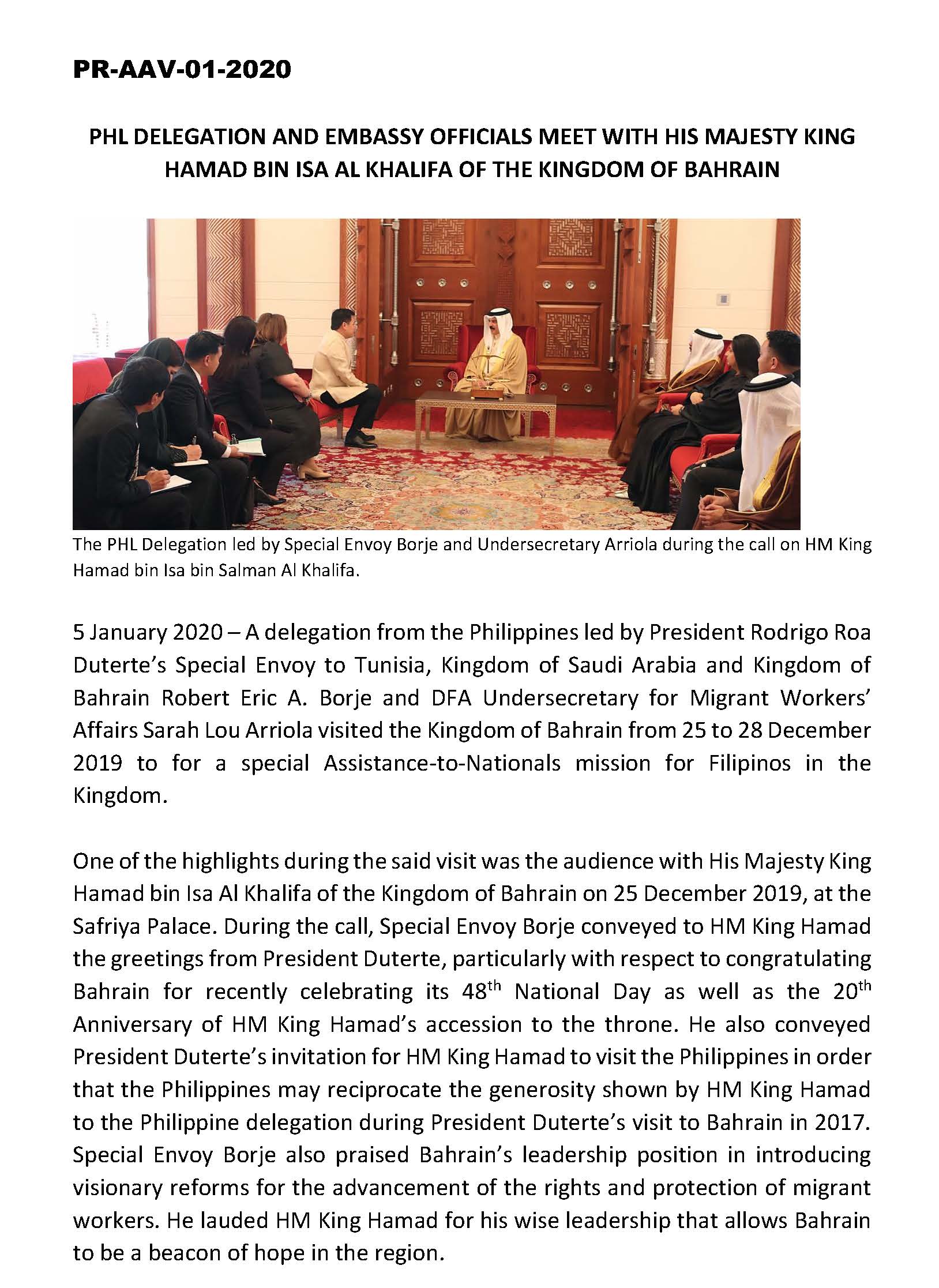 PR AAAV 01 2020 Phil Delegation Embassy Officials Meet with His Majesty King Hamad bin Isa Al Khalifa of the KOB Page 1
