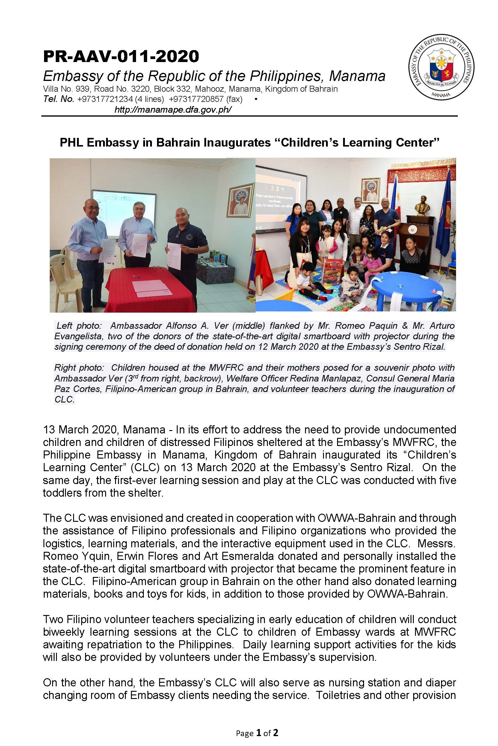 PR AAV 011 2020 INAUGURATION OF EMBASSY CHILDRENS LEARNING CENTER