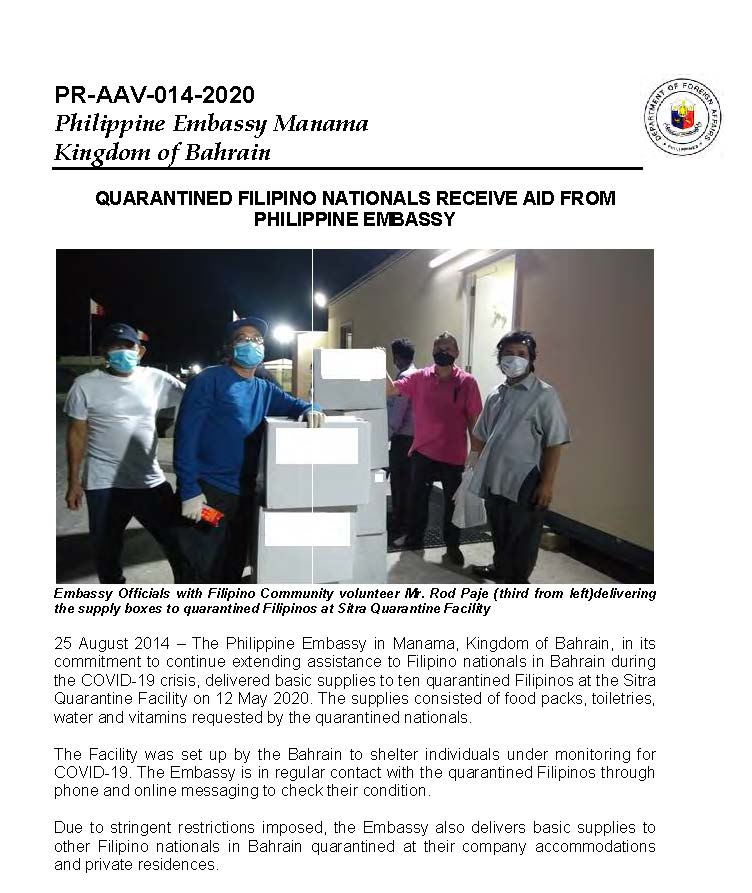 PR AAV 014 2020 Quarantined Filipino Nationals receive aid from Philippine Embassy