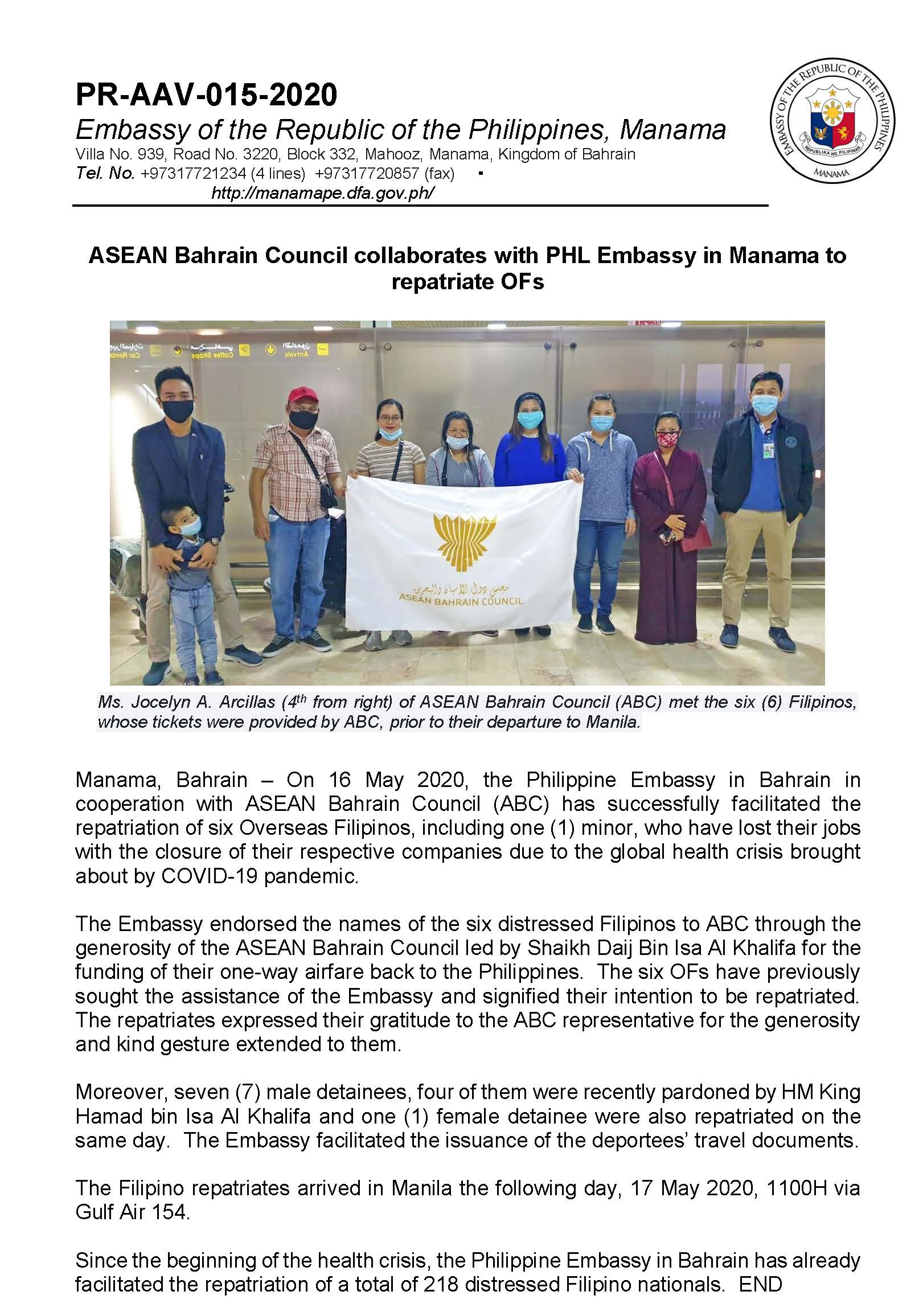 PR AAV 015 2020 ASEAN Bahrain Council collaborates with PHL Embassy in Manama to repatriates OFs