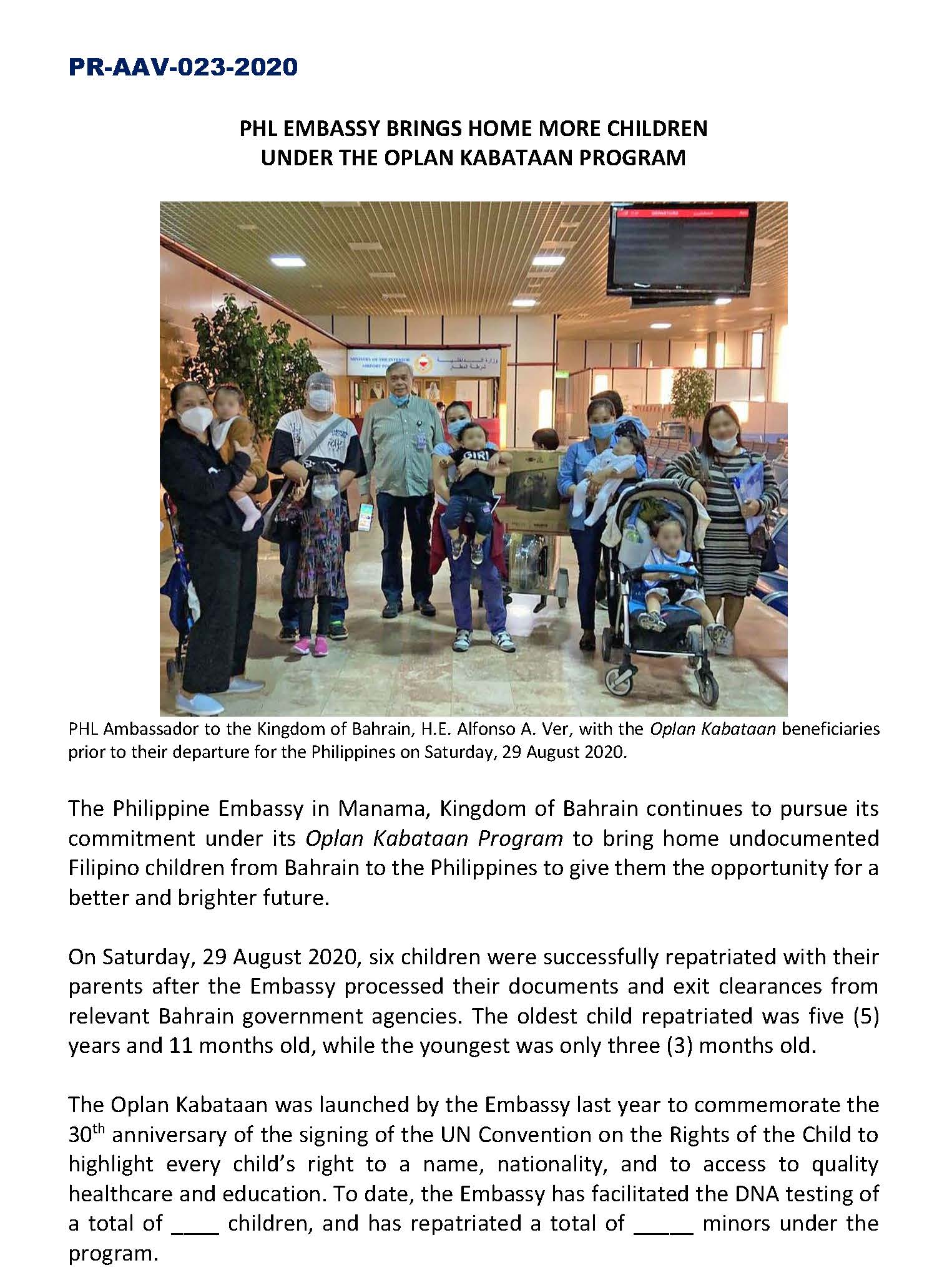 PR AAV 023 2020 Phl Embassy brings home more children under the Oplan Kabataan Program
