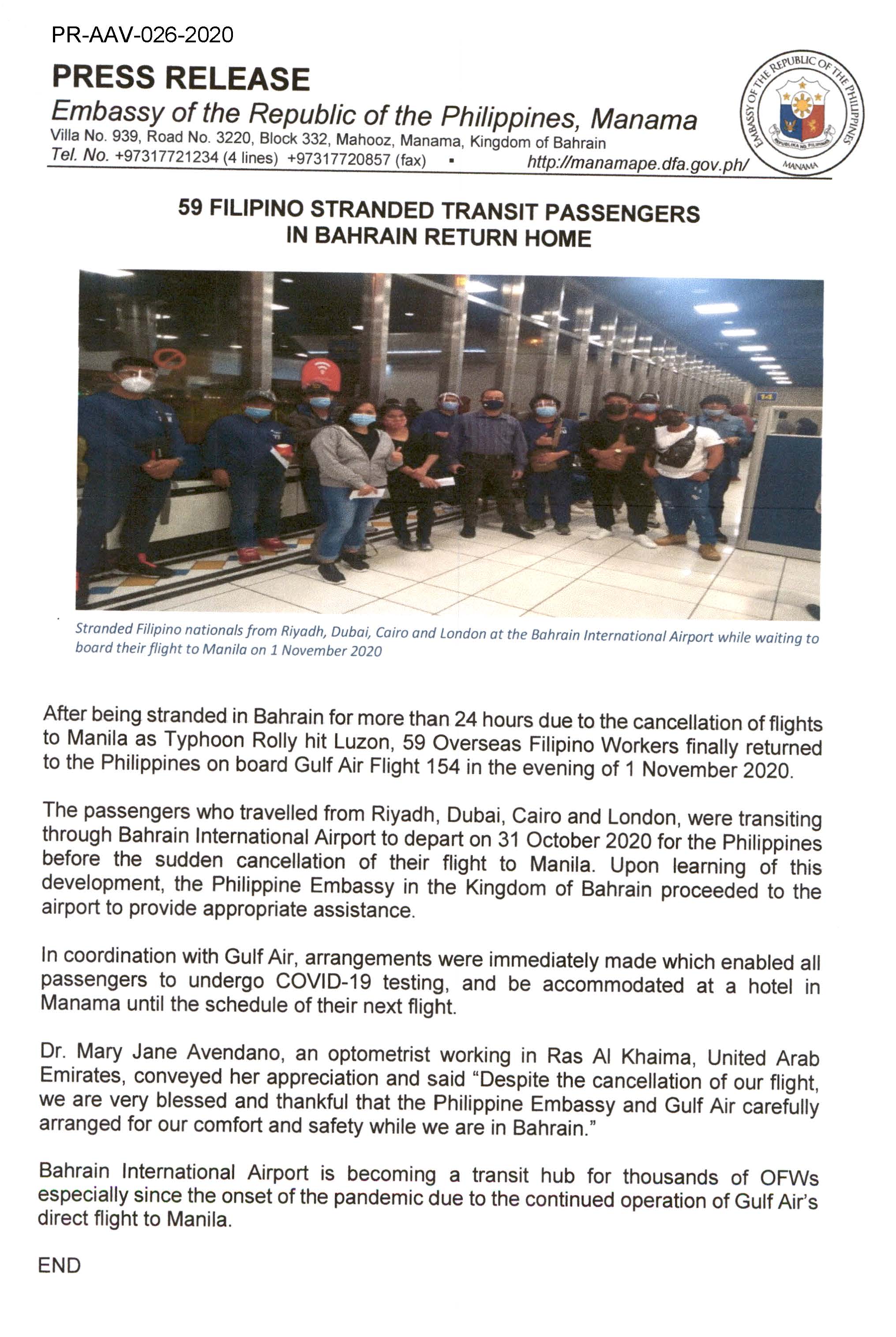 PR AAV 026 2020 PRESS RELEASE 59 FILIPINO STRANDED TRANSIT PASSENGERS IN BAHRAIN RETURN HOME