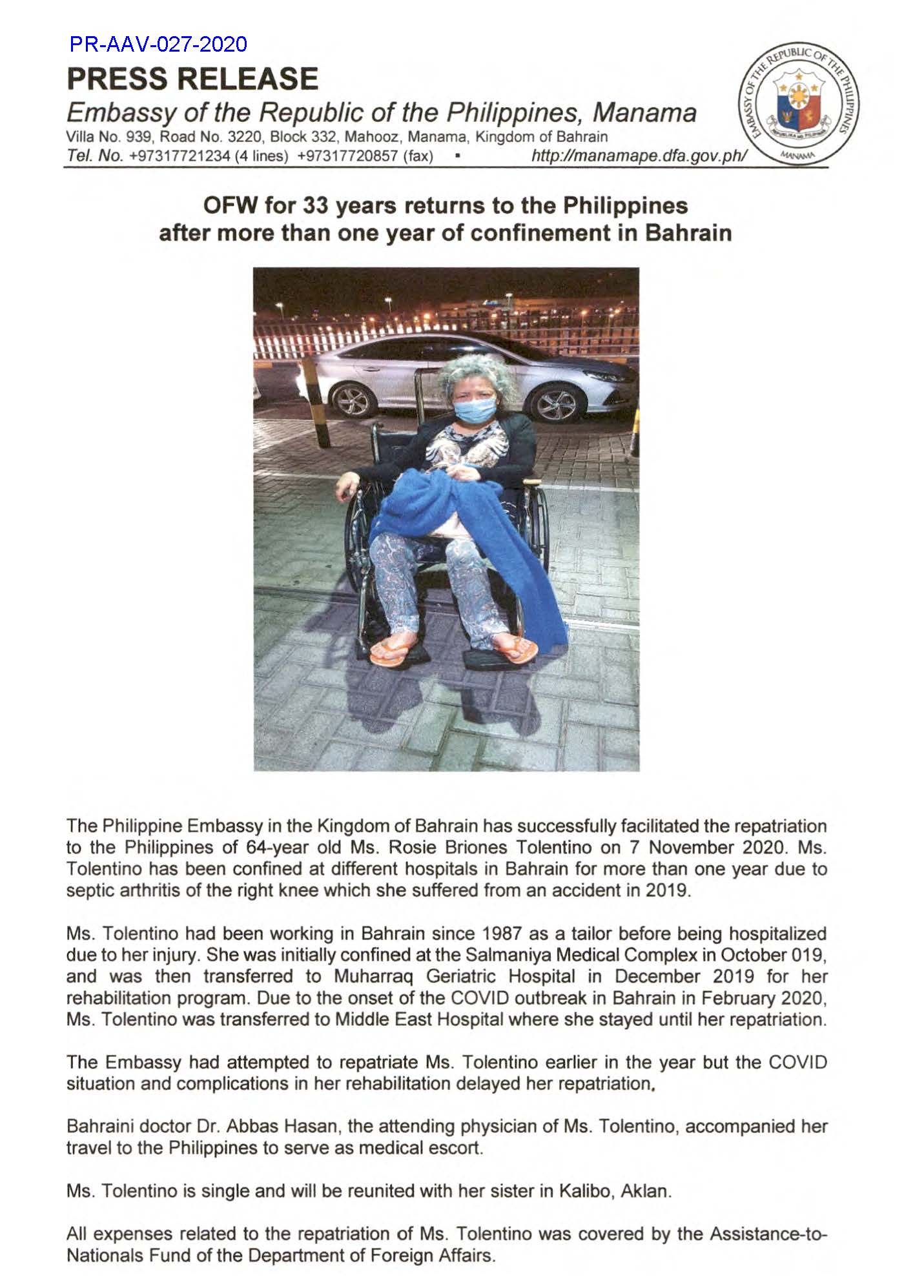 PR AAV 027 2020 PRESS RELEASE ON THE MEDICAL REPATRIATION OF OF ROSIE BRIONES TOLENTINO