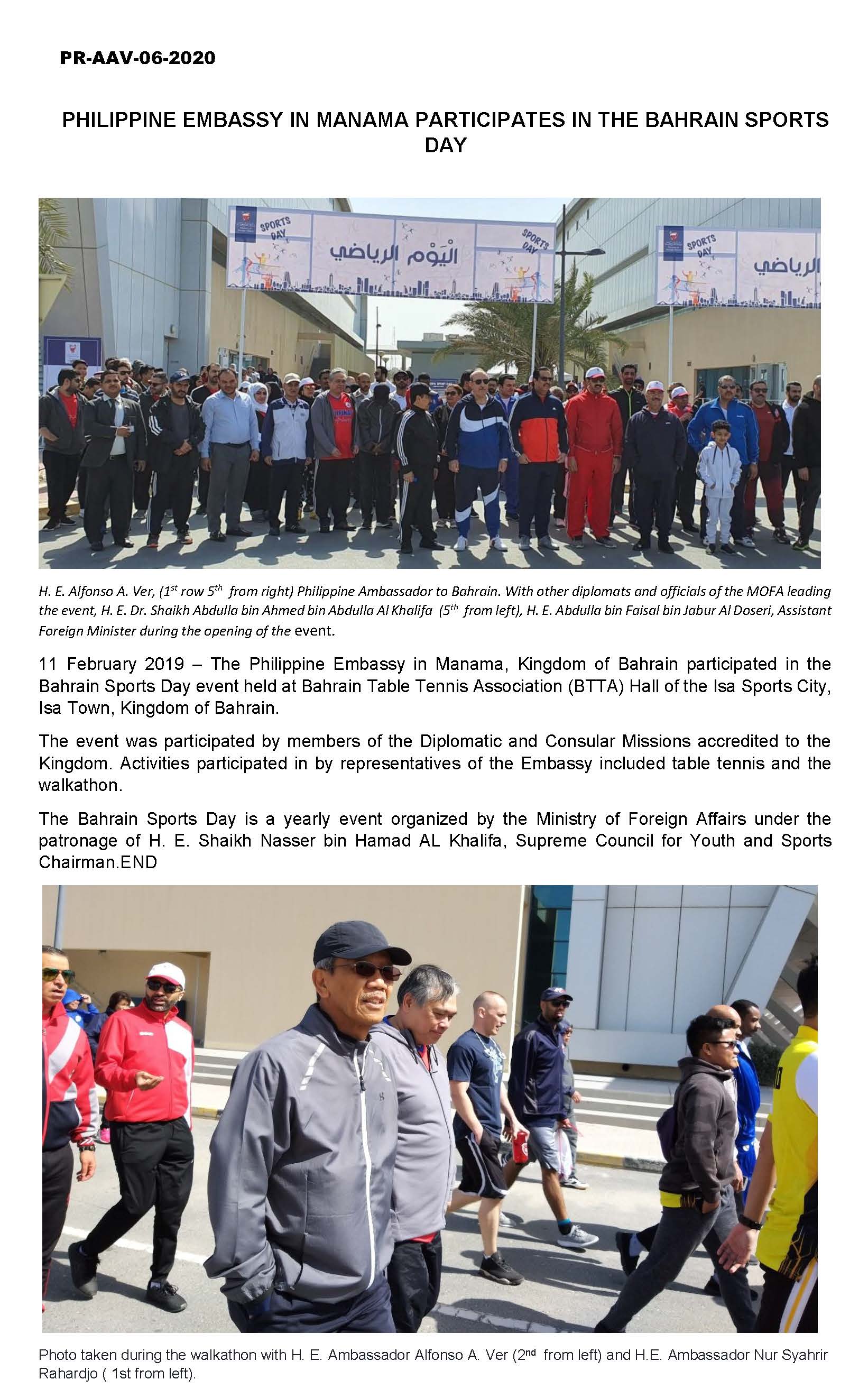 PR AAV 06 2020 PHILIPPINE EMBASSY IN MANAMA PARTICIPATES IN THE BAHRAIN SPORTS DAY