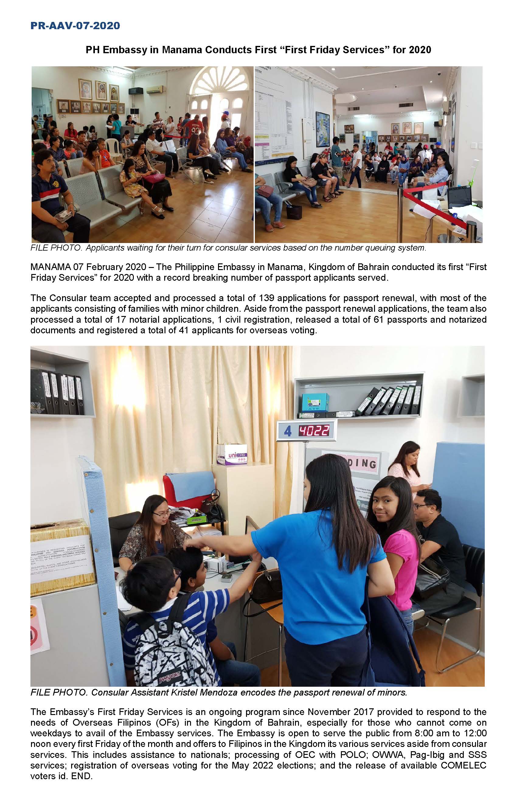 PR AAV 07 2020 PH Embassy in Manama Conducts First First Friday Services for 2020