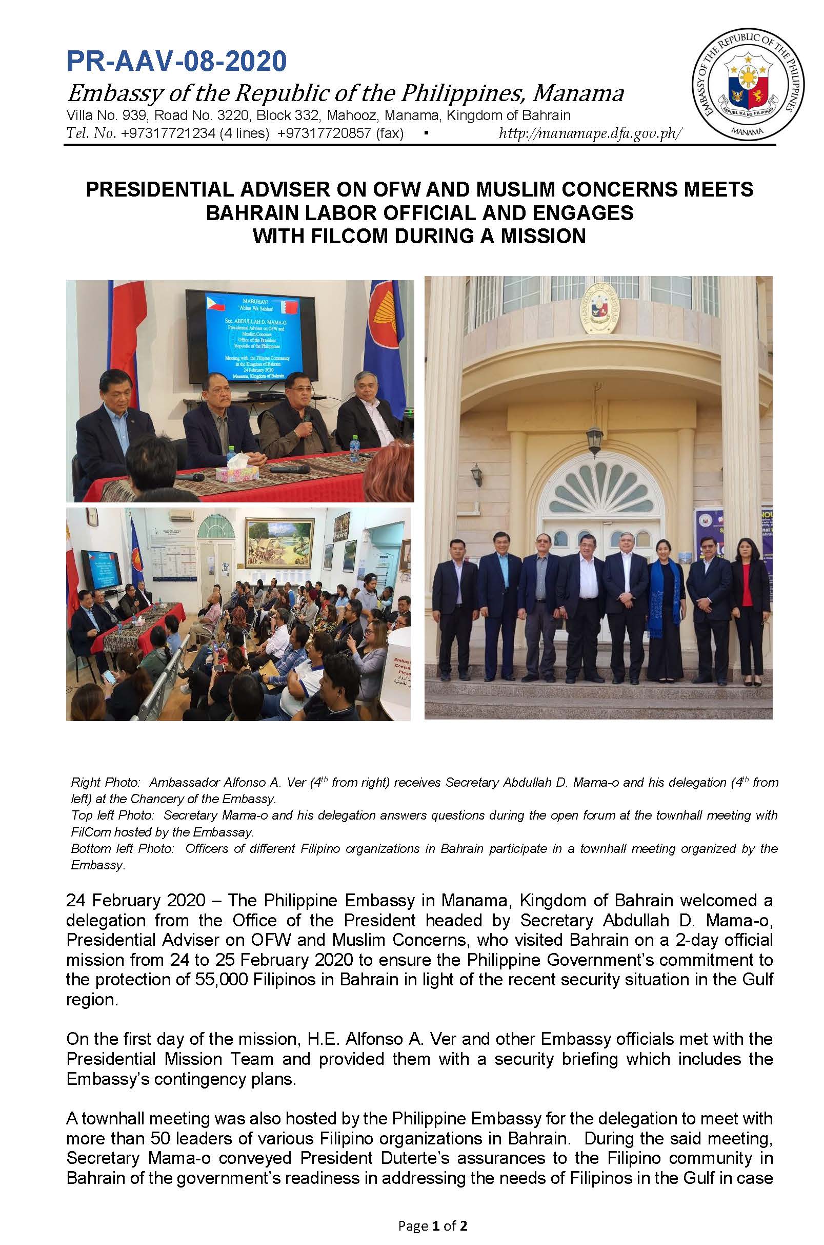 PR AAV 08 2020 Presidential Adviser on OFW meets Bahrain Labor Offcial and engages with Filcom during a mission Page 1
