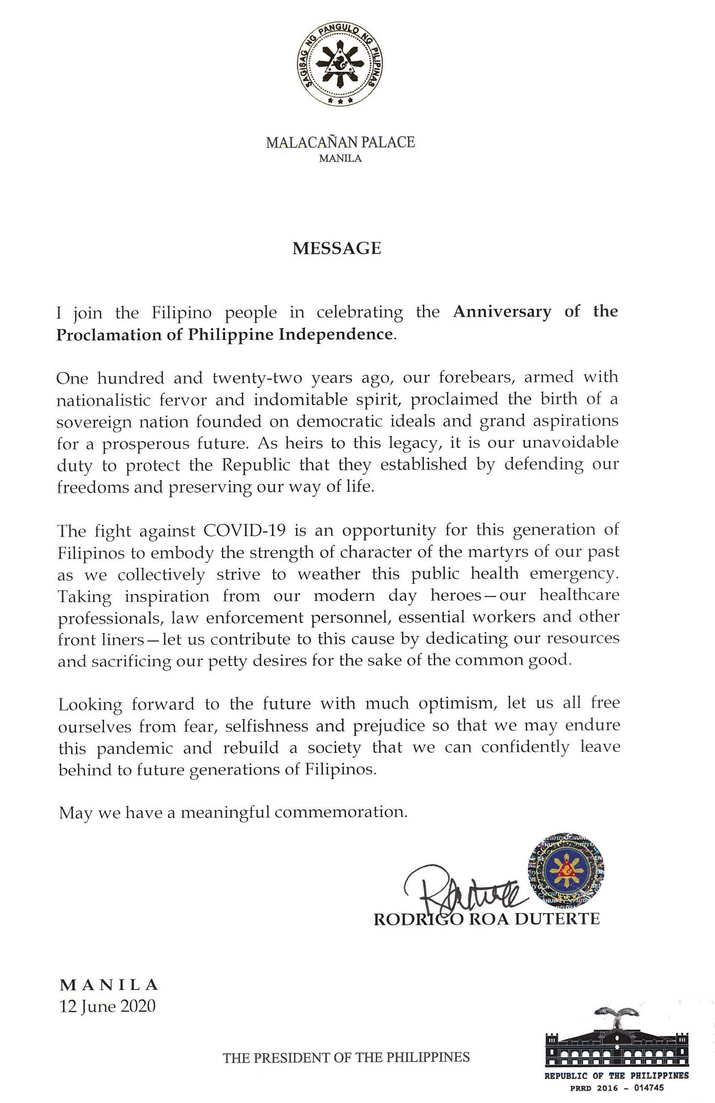 President Rodrigo R. Duterte Message on the 122nd Anniversary of the Proclamation of Philippine Independence