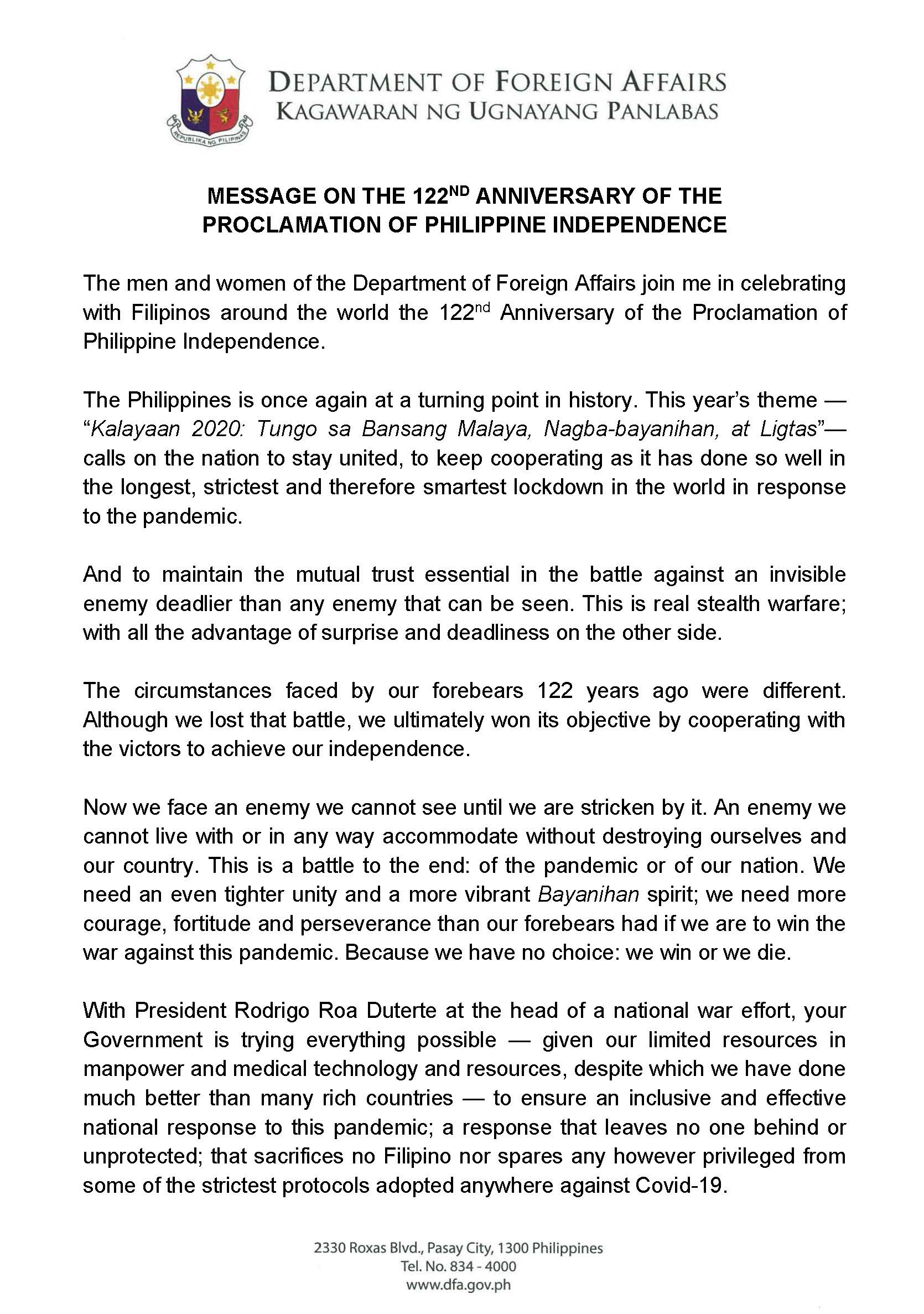 SFA Teodoro L. Locsin Jr Message on the 122nd Anniversary of the Proclamation of Philippine Independence Page 1