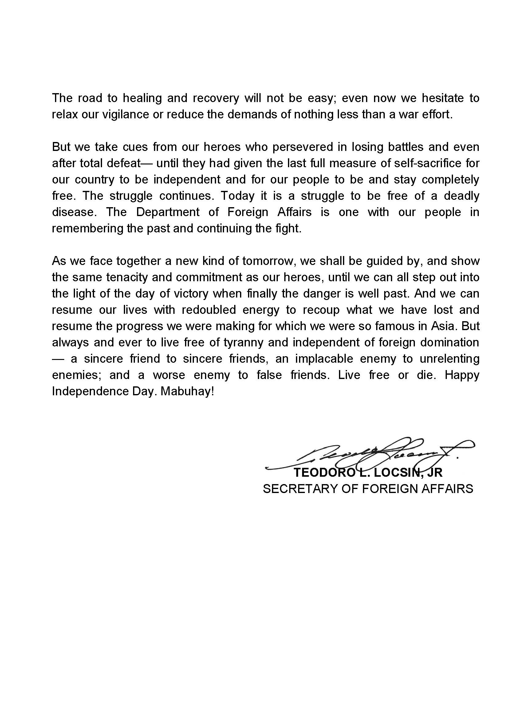 SFA Teodoro L. Locsin Jr Message on the 122nd Anniversary of the Proclamation of Philippine Independence Page 2
