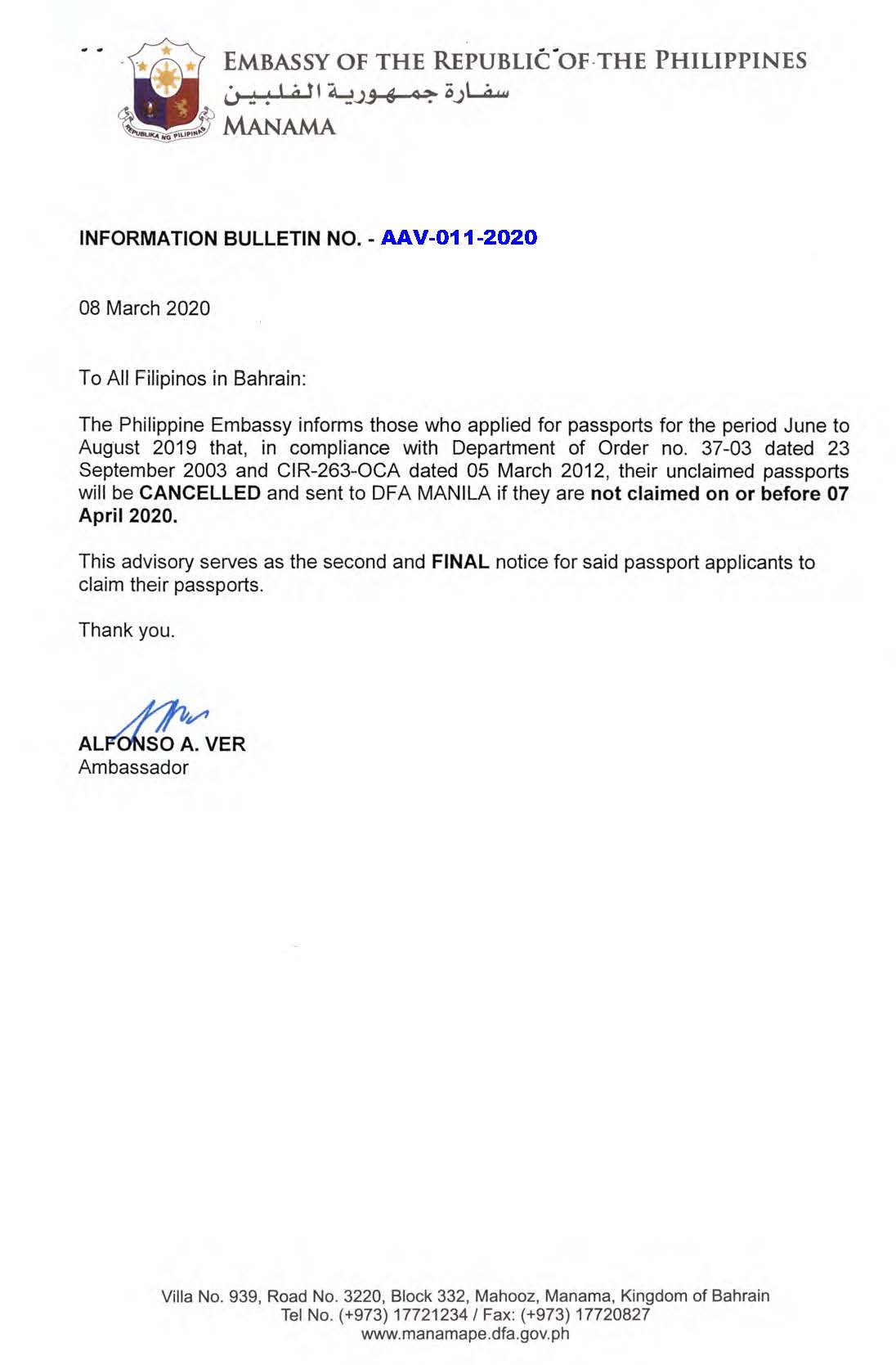 Information Bulletin No. AAV 011 2020 Unclaimed Passports for the period of June to August 20219 2