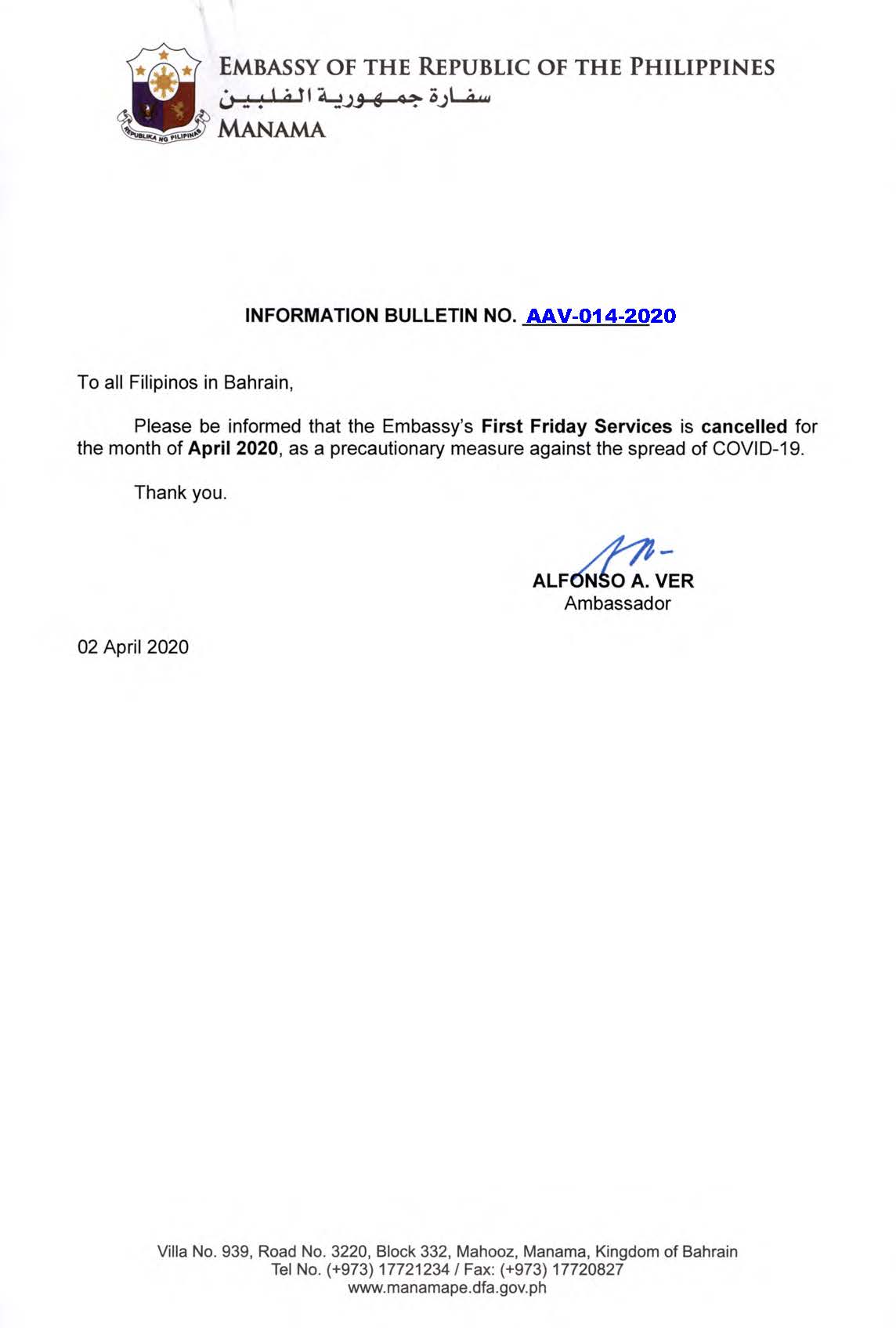 Information Bulletin No. AAV 014 2020 First Friday Services is cancelled