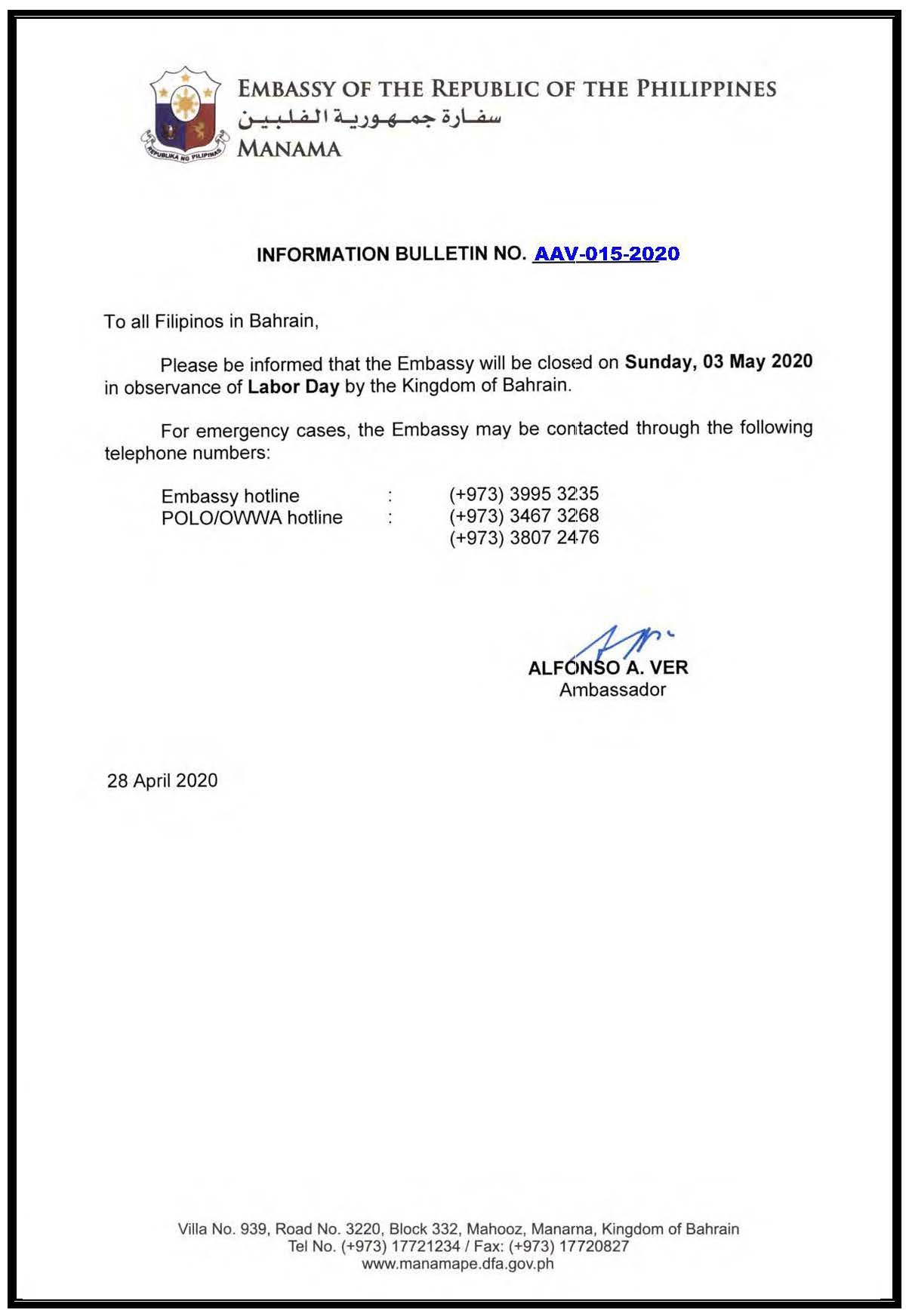 Information Bulletin No. AAV 015 2020 Observance of Labor Day