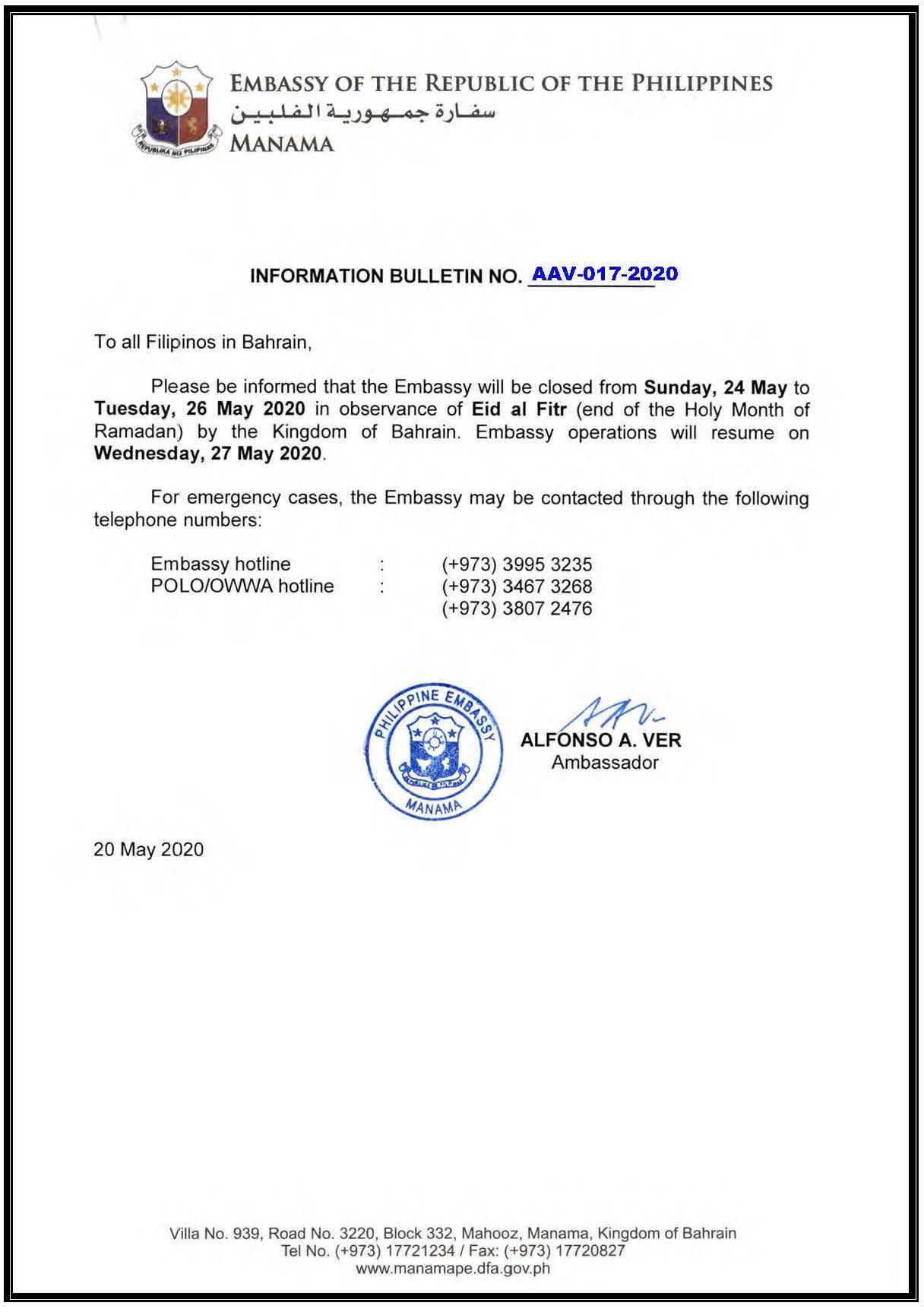 Information Bulletin No. AAV 017 2020 Observance of Eid al Fitr