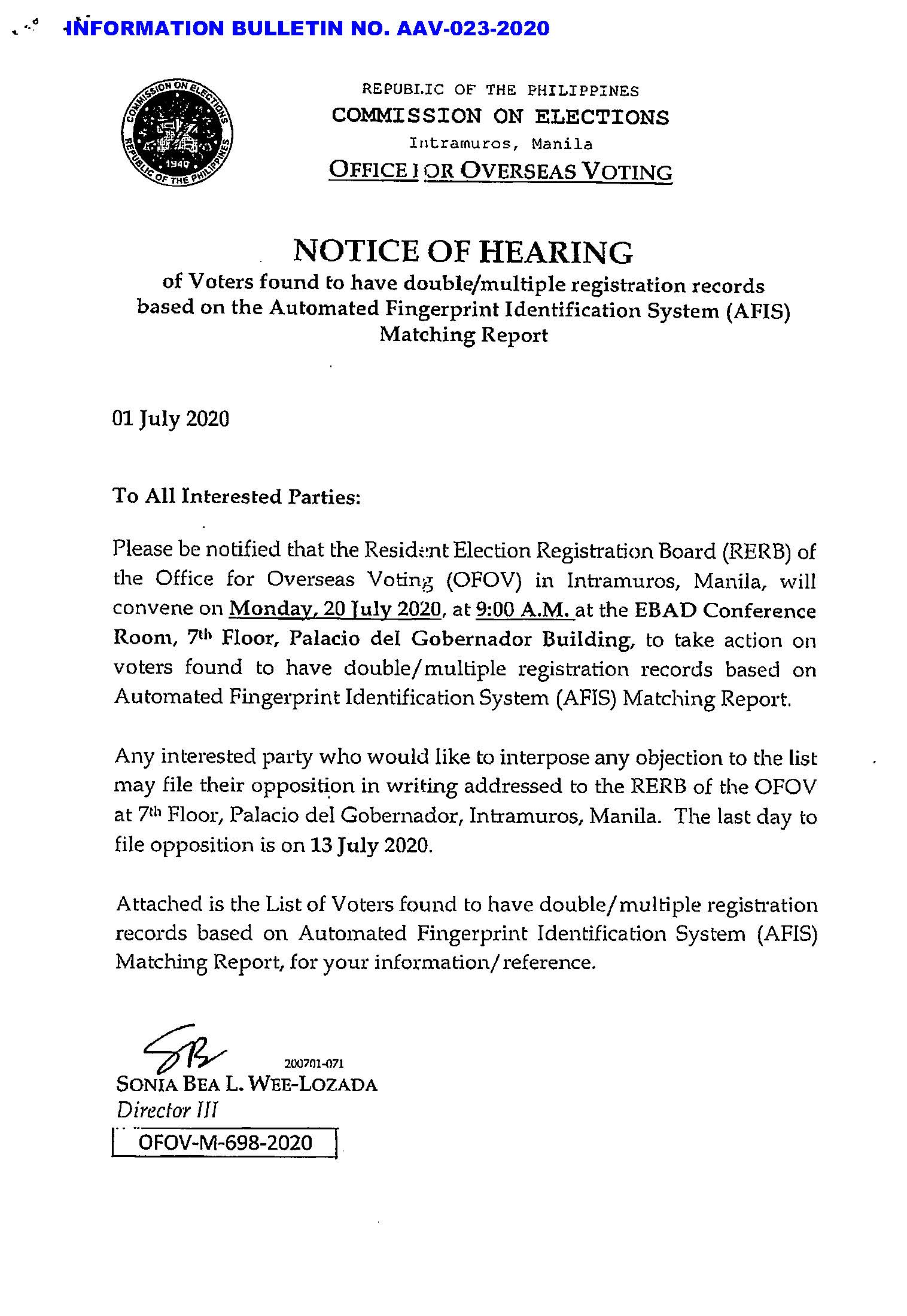 Information Bulletin No. AAV 023 2020 Noice of Hearing 3