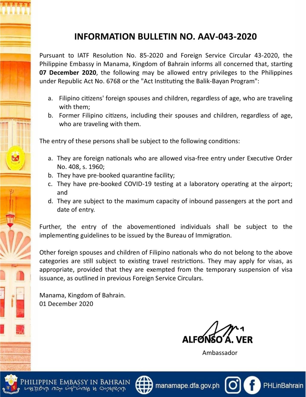 Information Bulletin No. AAV 043 2020 Act Insituting the Balik Bayan Program