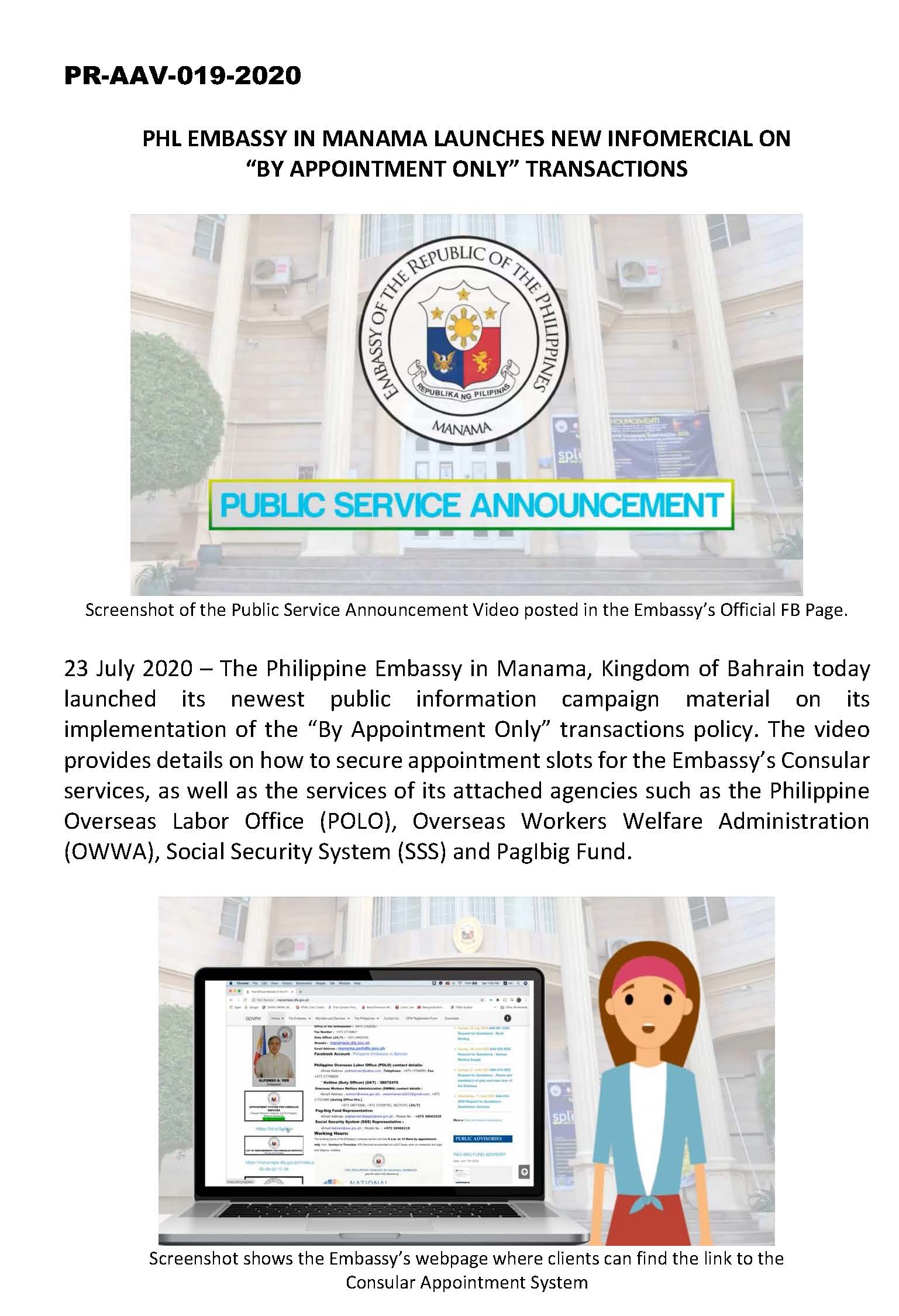 PR AAV 019 2020 Public Service Announcement Video posted in the Embassys Official FB Page Appointment System Page 1