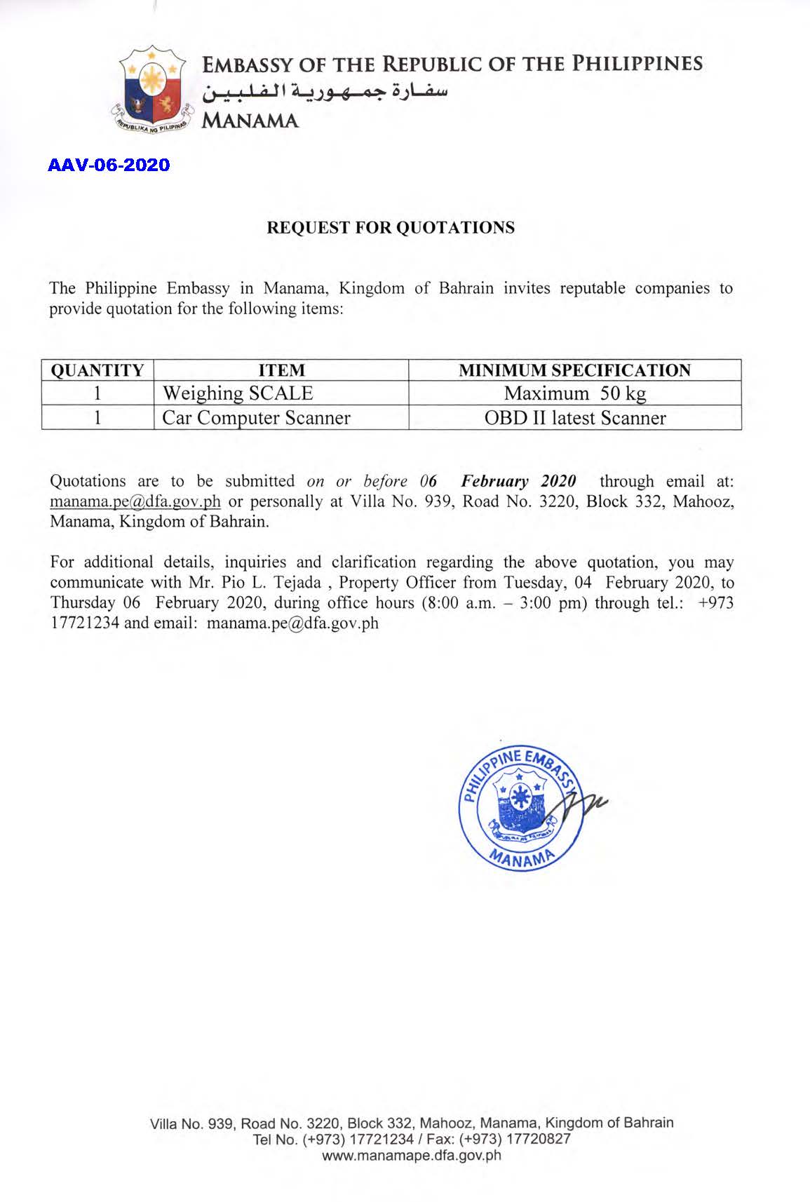 1 AAV 06 2020 Request for Quotations Weighing Scale Car Computer Scanner