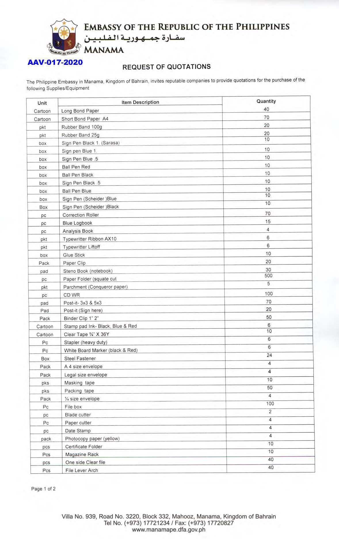 AAV 017 2020 Request for Quotations Supplies Equipment Page 1