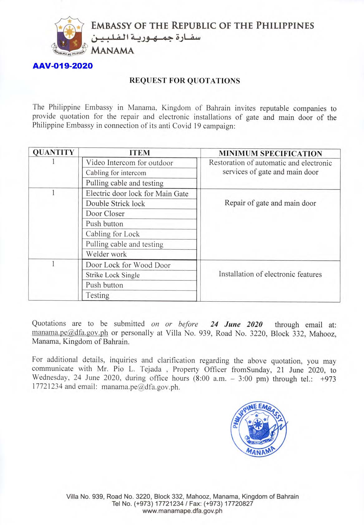 AAV 019 2020 Request for Quotations Repair ans Installation of gate and main door of the Embassy