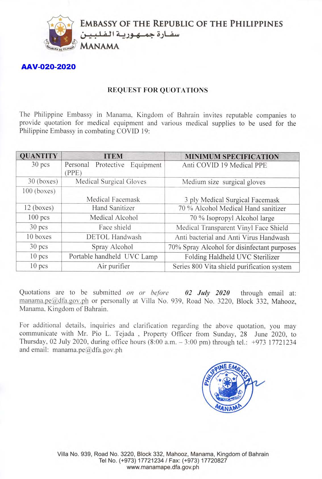 AAV 020 2020 Request for Quotations Various Medical Supply