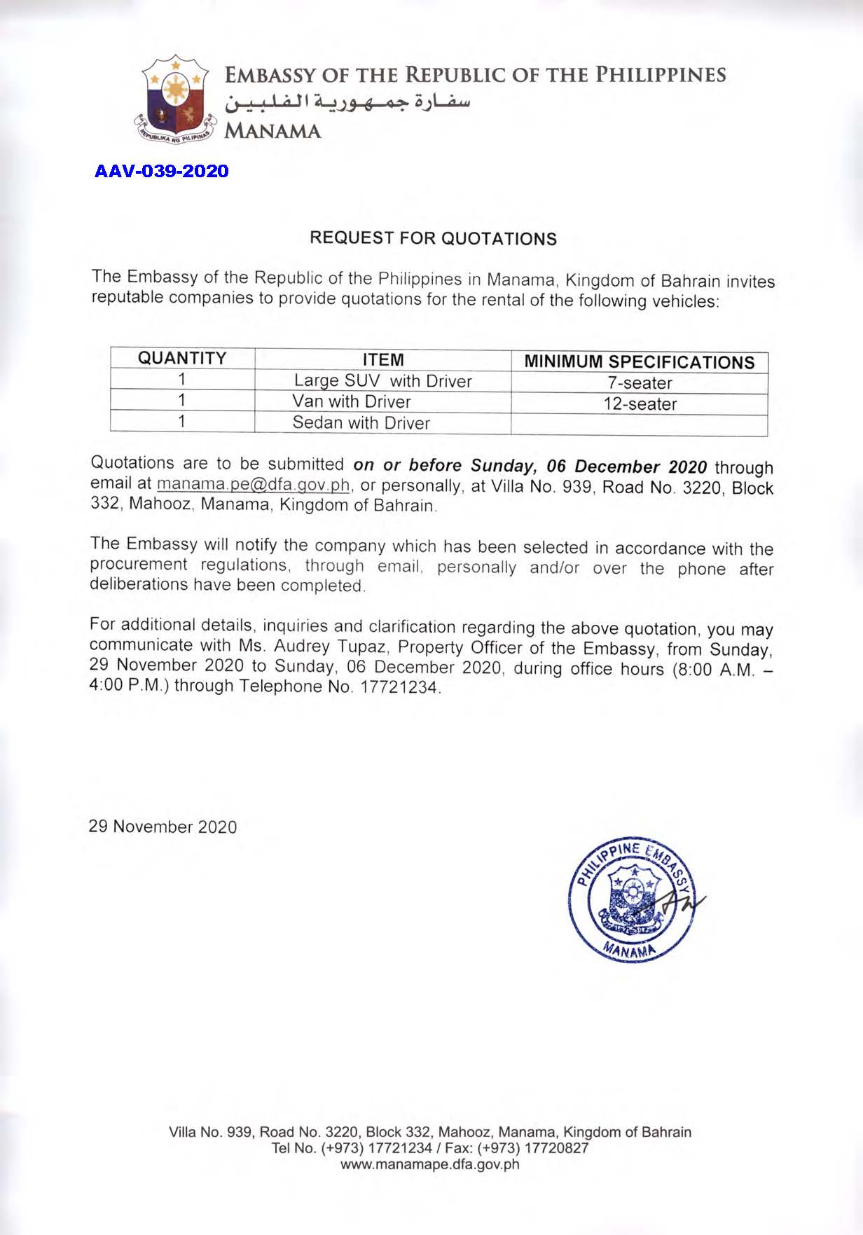 AAV 039 2020 Request for Quotations Large SUV Van with Driver and Sedan with Driver