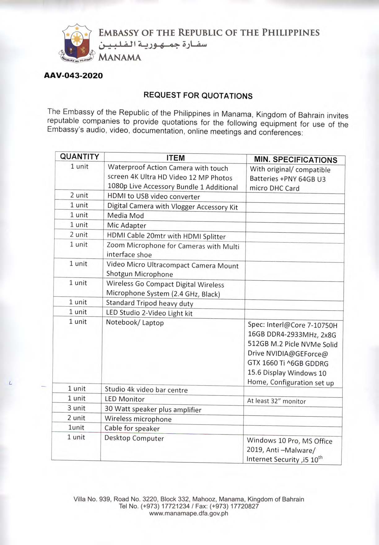 AAV 043 2020 Request for Quotations Video Production Editing and Webinar Equipment Page 1