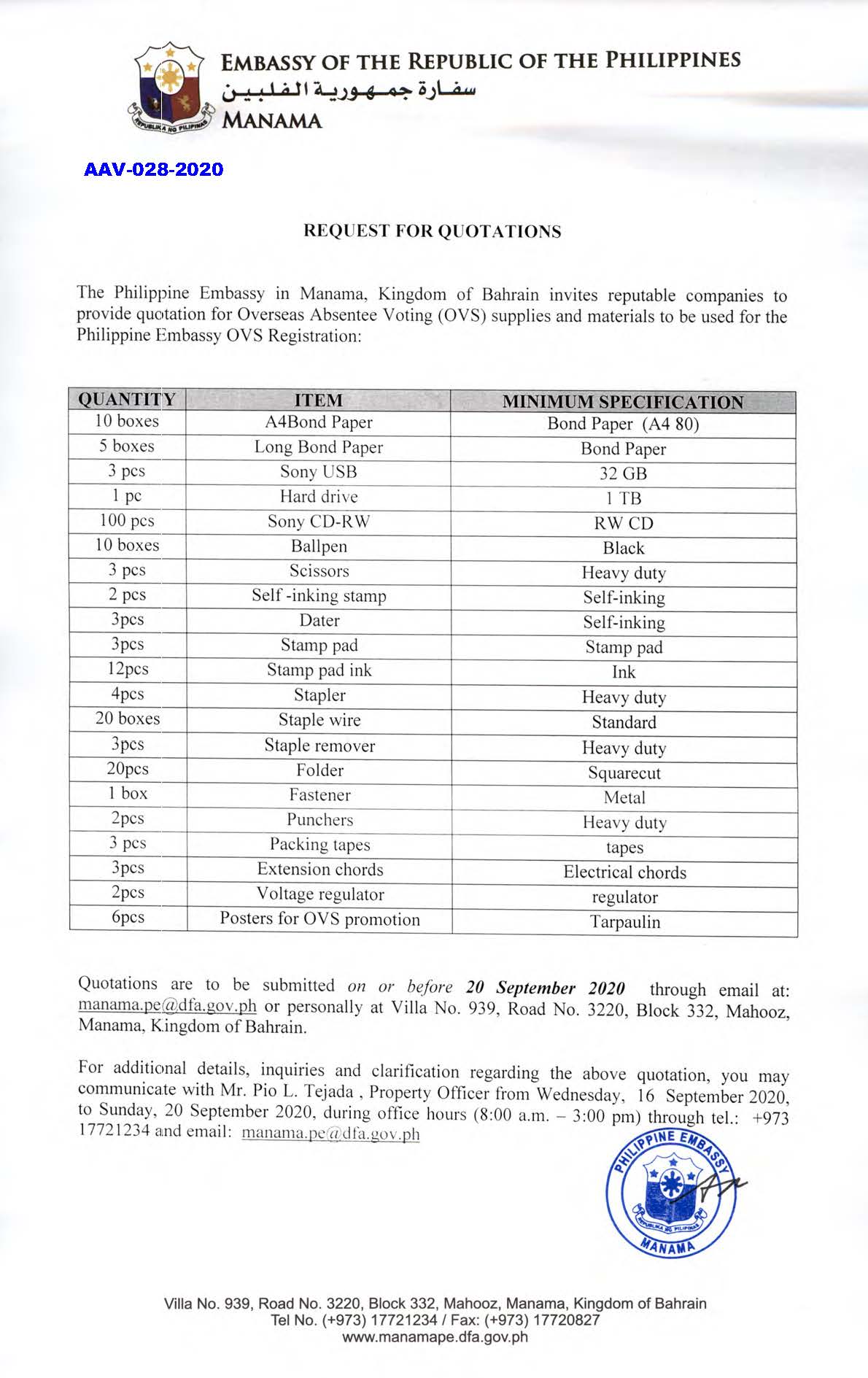 AAV 28 2020 Request for Quotations Supplies and Materials to be used for the Philippine Embassy