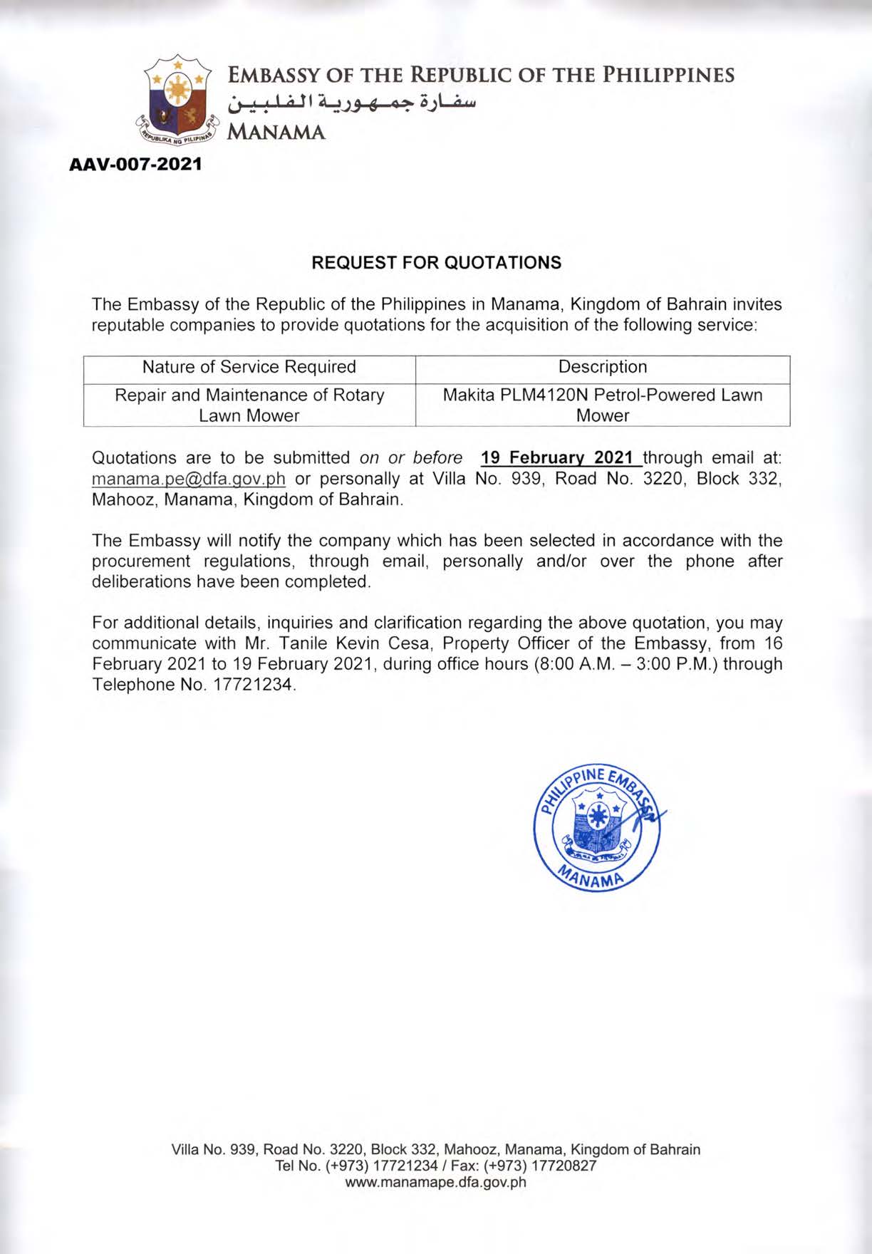 AAV 007 2021 Request for Quotations for Repair and Maintenance of Rotary Lawn Mower