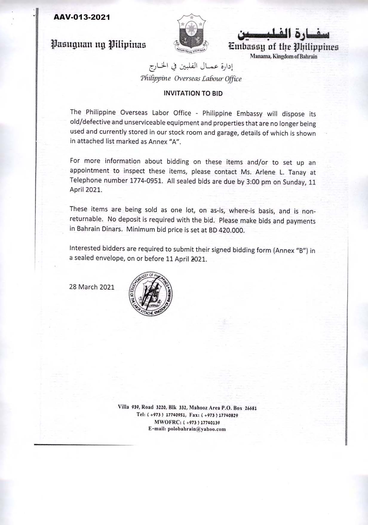 AAV 013 2021 POLO Invitation to Bid for Old Defective and Unserviceable Equipment and Properties Page 1