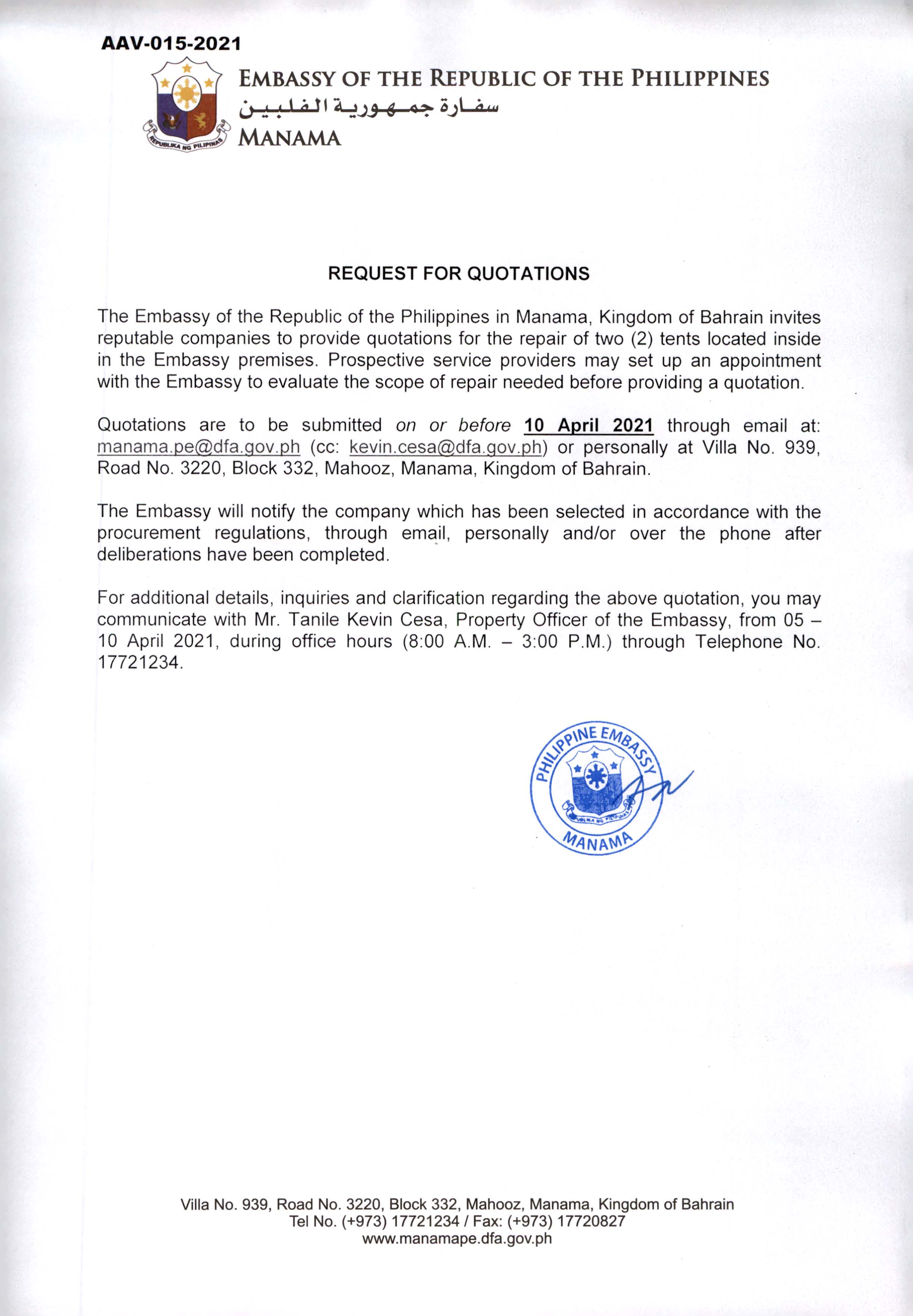 AAV 015 2021 Request for Quotations for the Repair of Two Tents Located Inside the Embassy