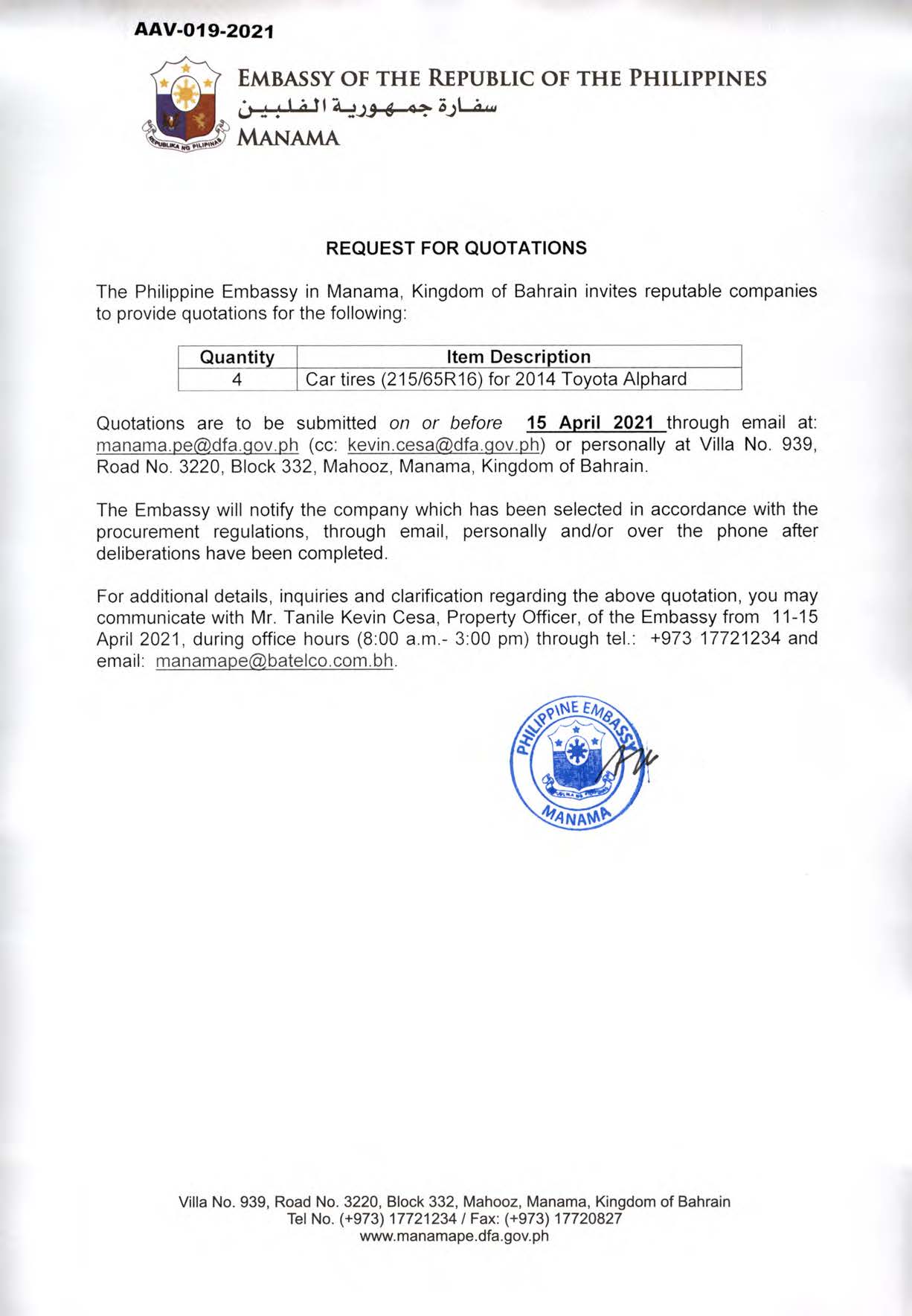AAV 019 2021 Request for Quotations for the Car Tires for 2014 Toyota Alphard Embassy Official Vehicle