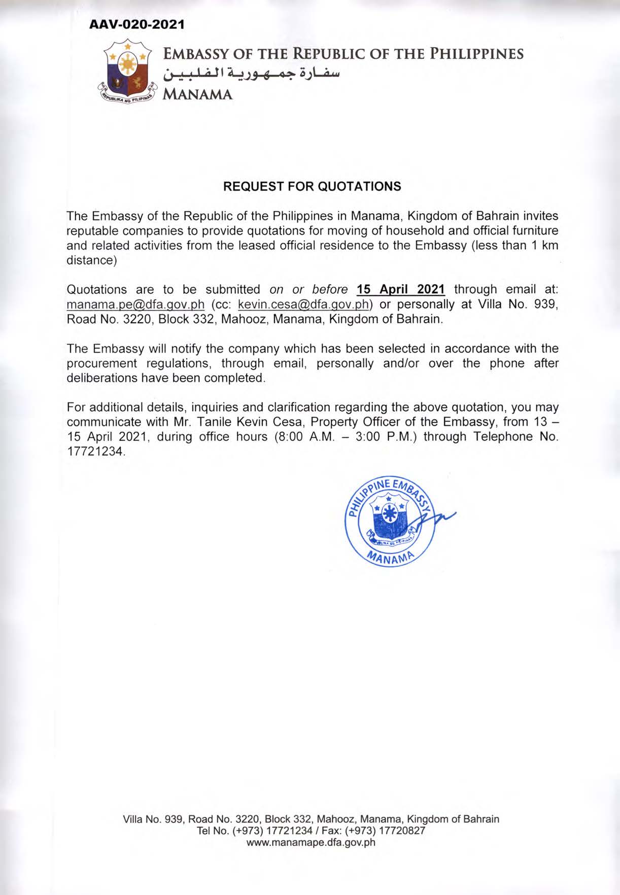 AAV 020 2021 Request for Quotations for moving of household and official furnitures and related activities from the leased official residence to the Embassy