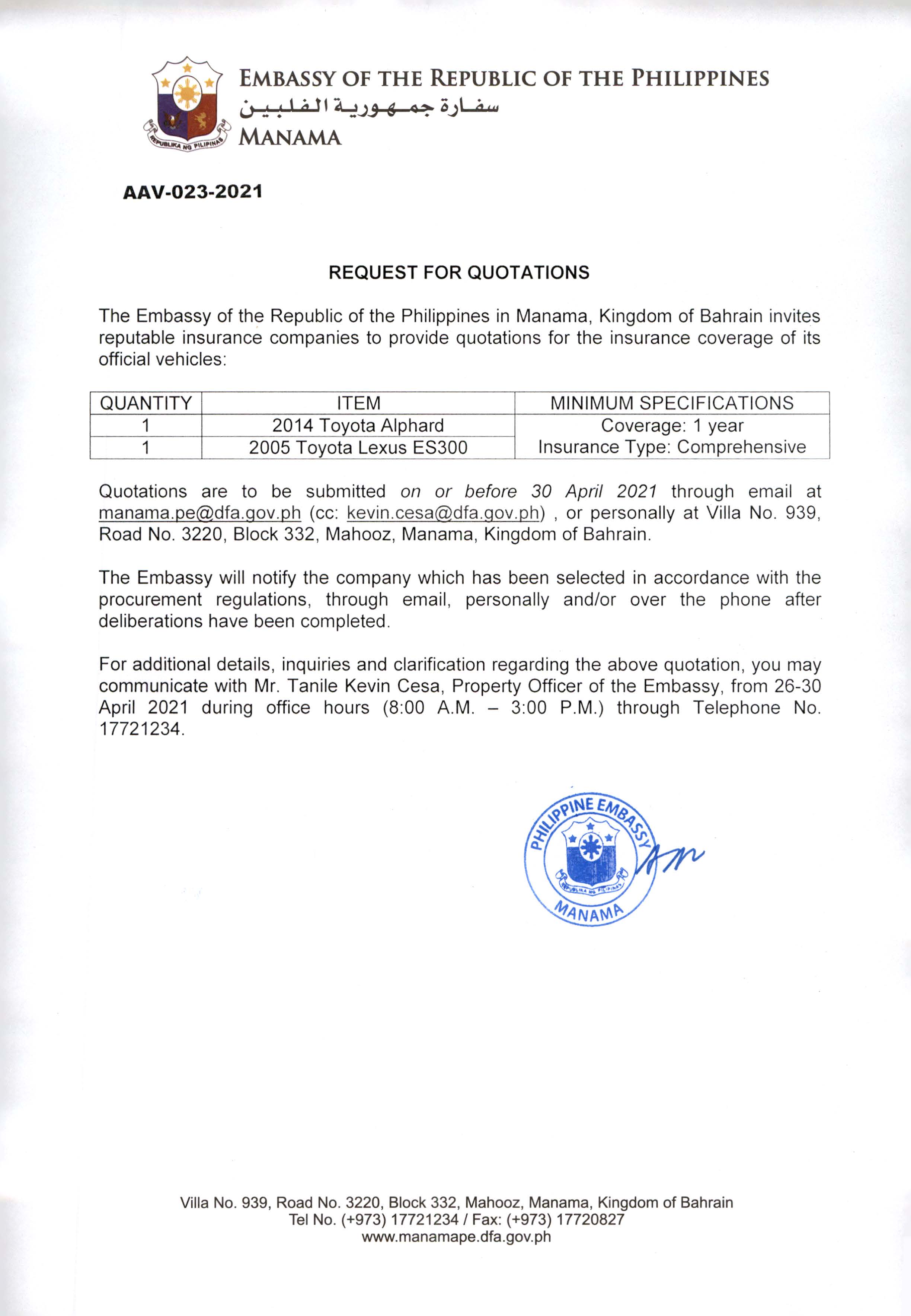 AAV 023 2021 Request for Quotations for the Embassys Official Vehicles