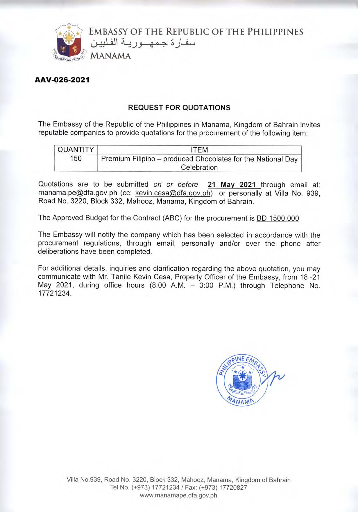 AAV 026 2021 Request for Quotations for Procurement of Premiuim Filipino Produced Chocolates for the National Holiday Celebration