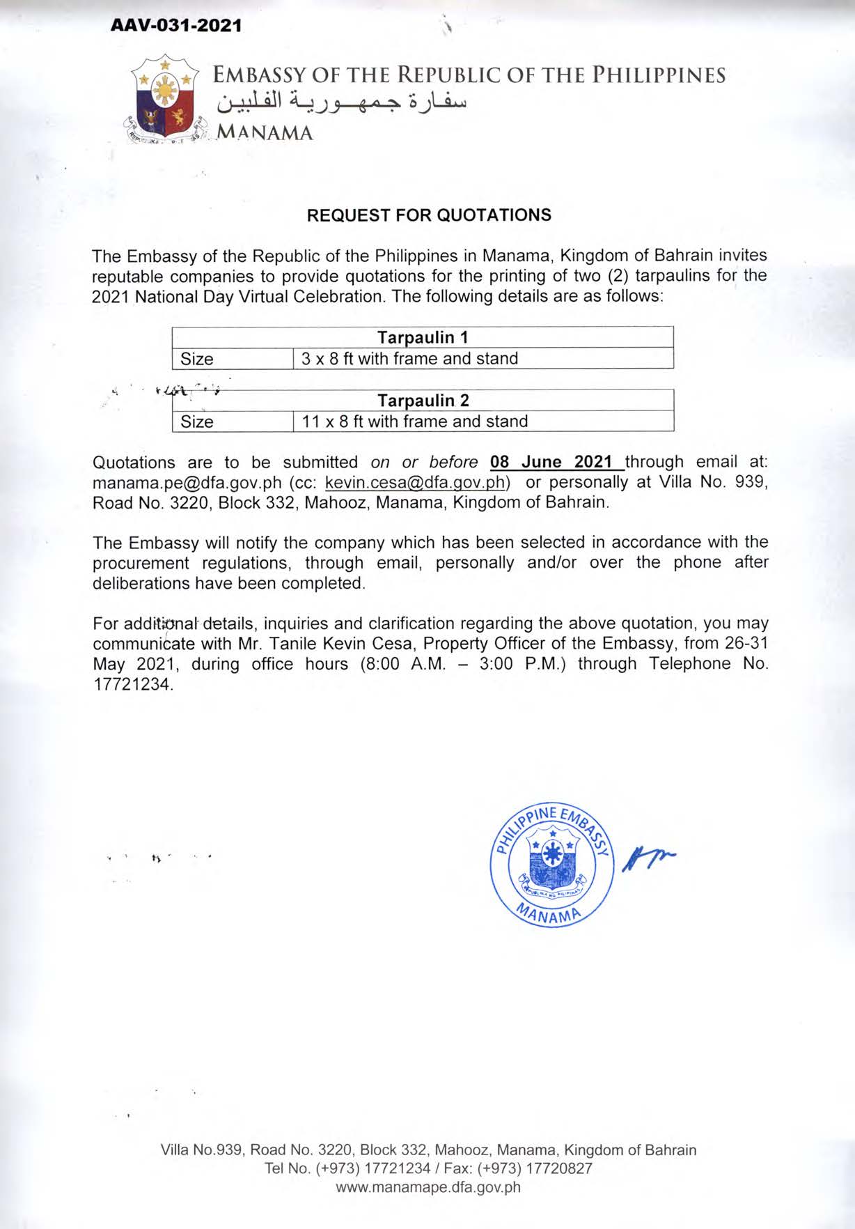 AAV 031 2021 Request for Quotations for the Two 2 Tarpaulins for the 2021 National Day Virtual Celebration